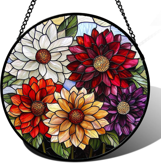 Stained Glass Window Hanging, Colorful Flowers Sun Catcher for Window Door Home Decor Plant Suncatcher Christmas Mother's Day Birthday Gifts for Women Men Mom and Nana 11.8 in WN420