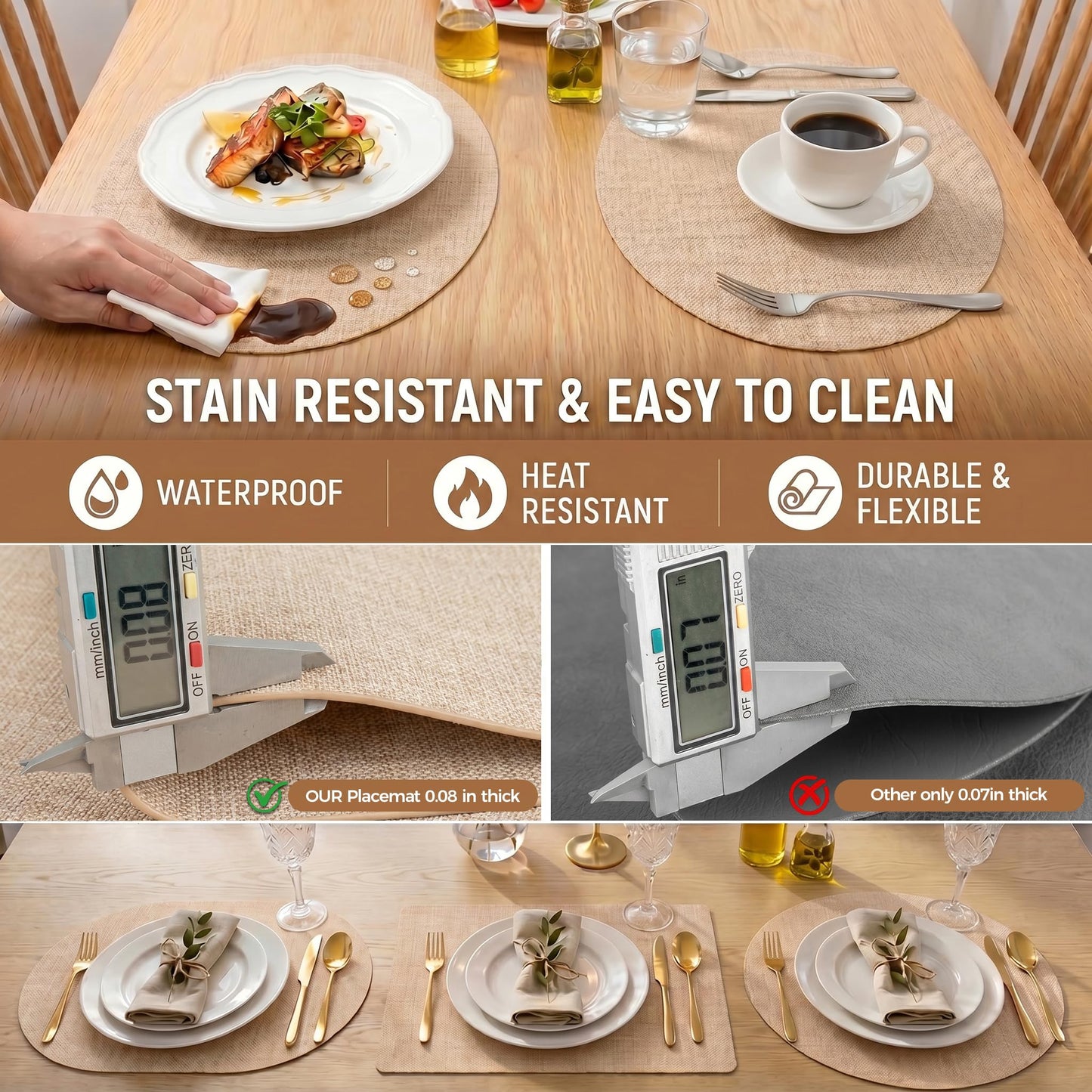 Faux Leather Placemats Set of 6, Wipeable Waterproof Stain Resistant Table Mats, Heat Resistant Thick Placemats with Hand-Painted Edges for Kitchen Dining, Imitative Linen Texture, Various Shapes BST326H