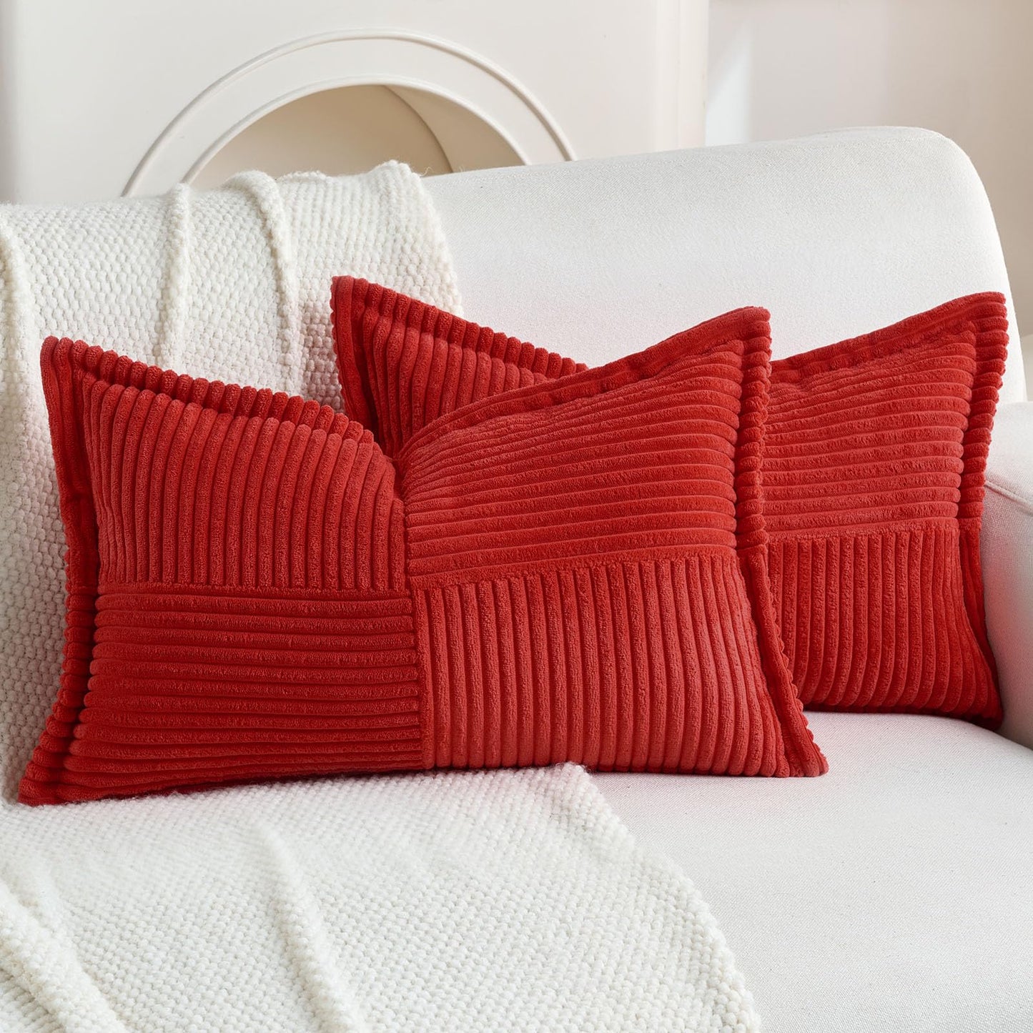 HAUSSY Pack of 2 Corduroy Throw Pillow Covers26x26 Inch, Rust | Decorative Striped Soft Boho Farmhouse Pillowcases, Machine Washable, Couch Bed Sofa Living Room Home Decor, No Insert BST202
