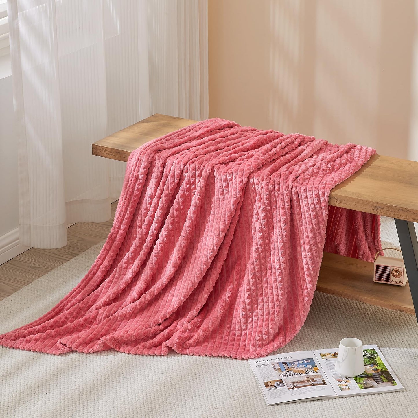 EMME Fleece Blanket, 3D Jacquard Throw Blanket for Couch and Bed, Soft Cozy and Fluffy Blankets Lightweight Luxury Flannel with Waffle Design (Navy Blue, 50" x 60") BST202