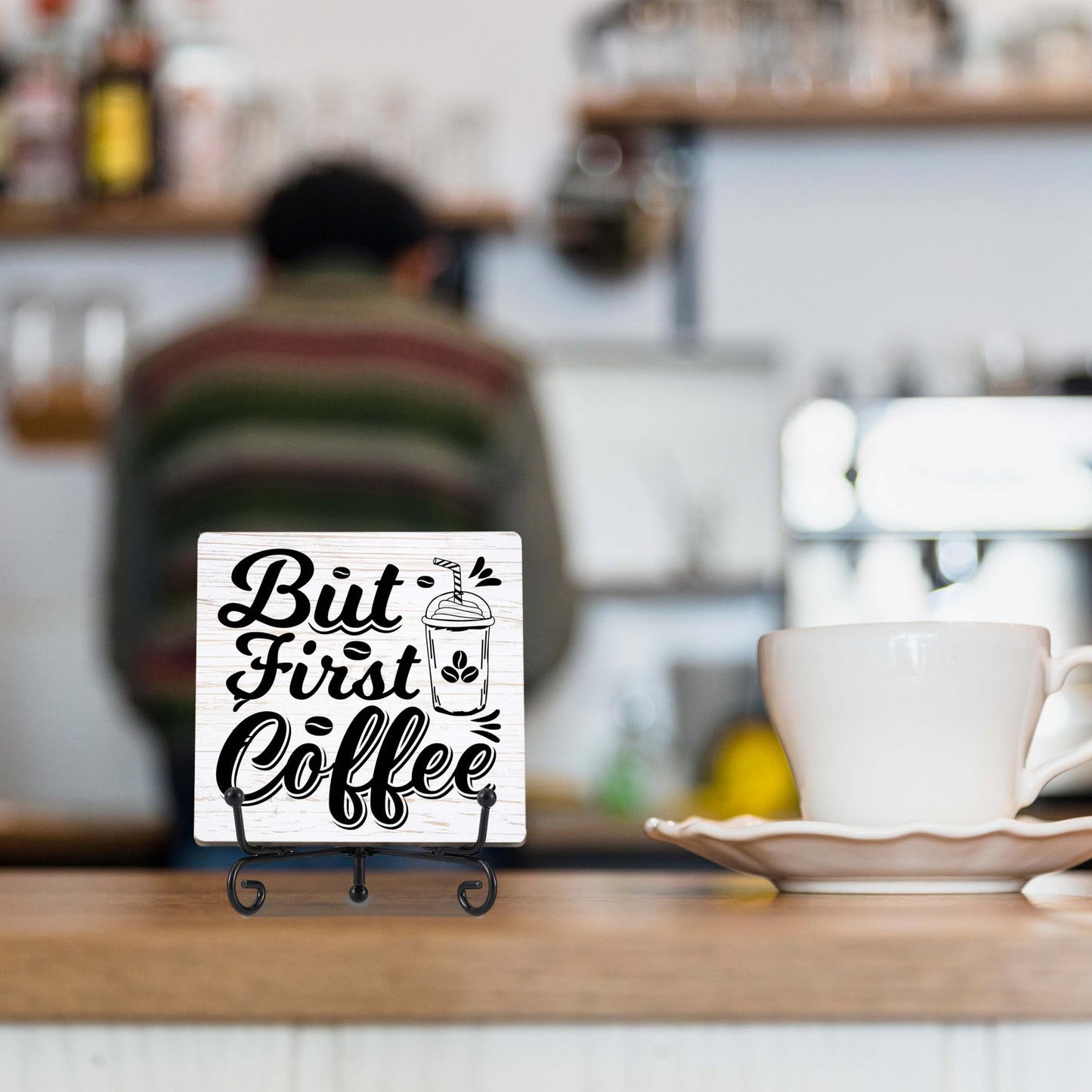 Coffee Bar Decor, Farmhouse Kitchen Table Decor, Coffee Station Accessories, Wooden Decorative Sign with Iron Stand for Table Desk Shelf Display-E21 BST220