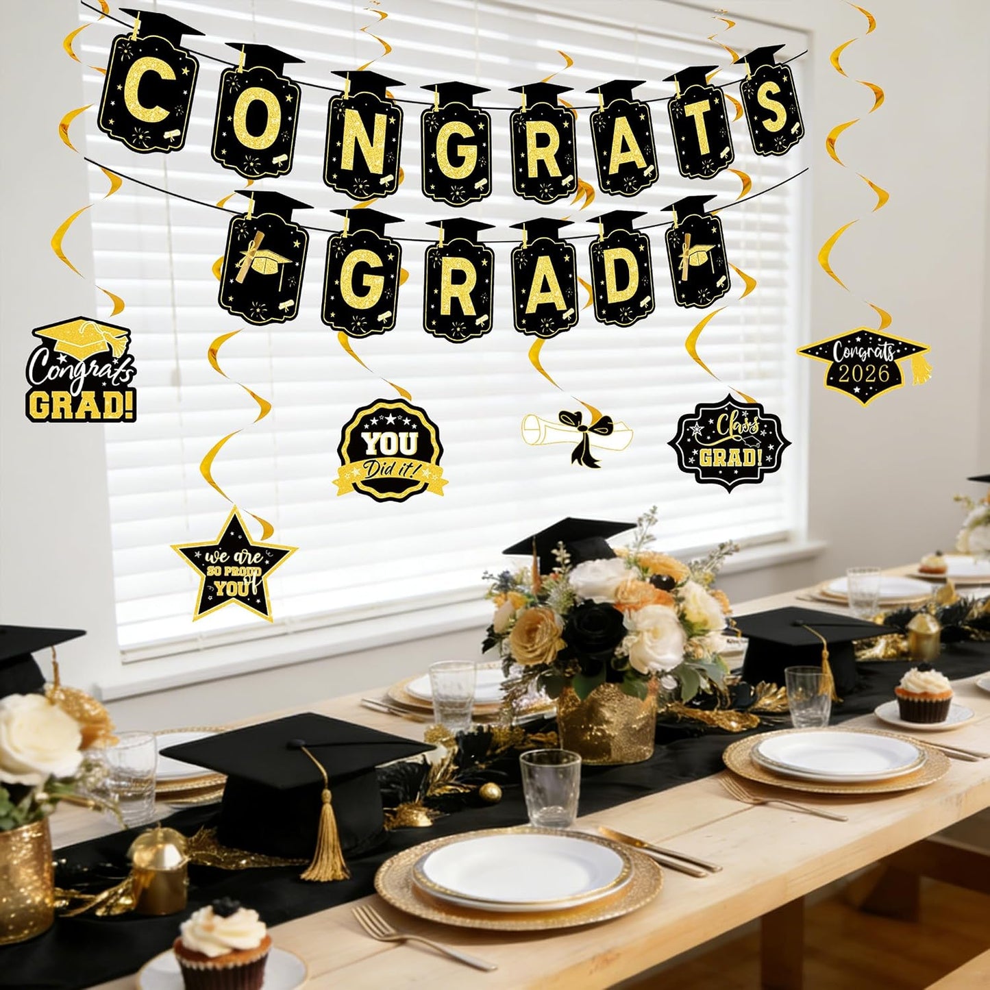 Graduation Decorations 2026, Black and Gold Congrats Grad Banner with 6PCS Graduations Hanging Swirl Decorations for Class of 2026 Grad Party BST326L