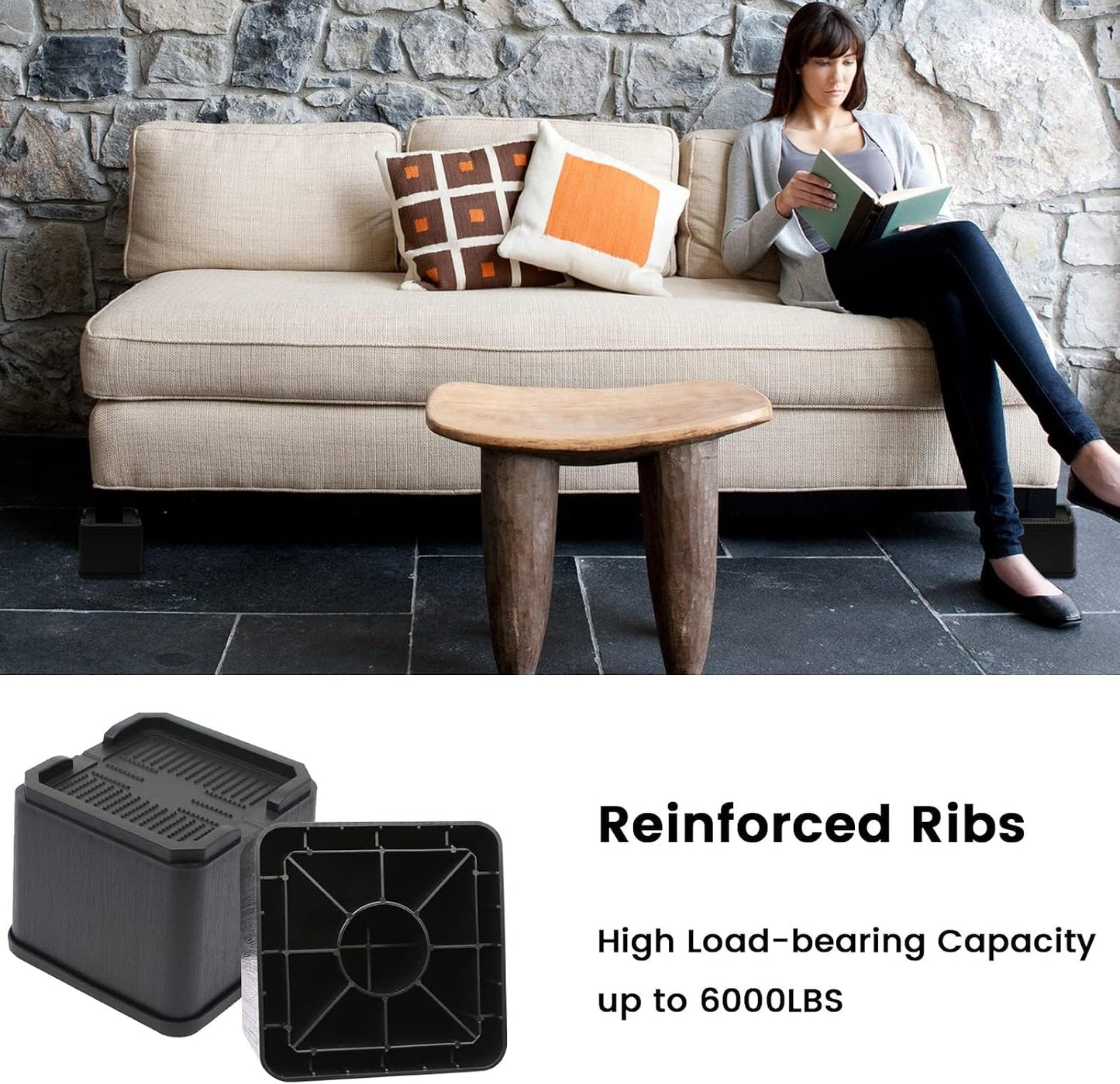 MYMULIKE Bed Risers Oversized 8 Pack, 4 Inch Heavy Duty Furniture Risers Support Up to 6000lbs, Adjustable 8 Inch Bed Raising Blocks Couch Risers for College Dorm Rooms, Tables, Desks BST202