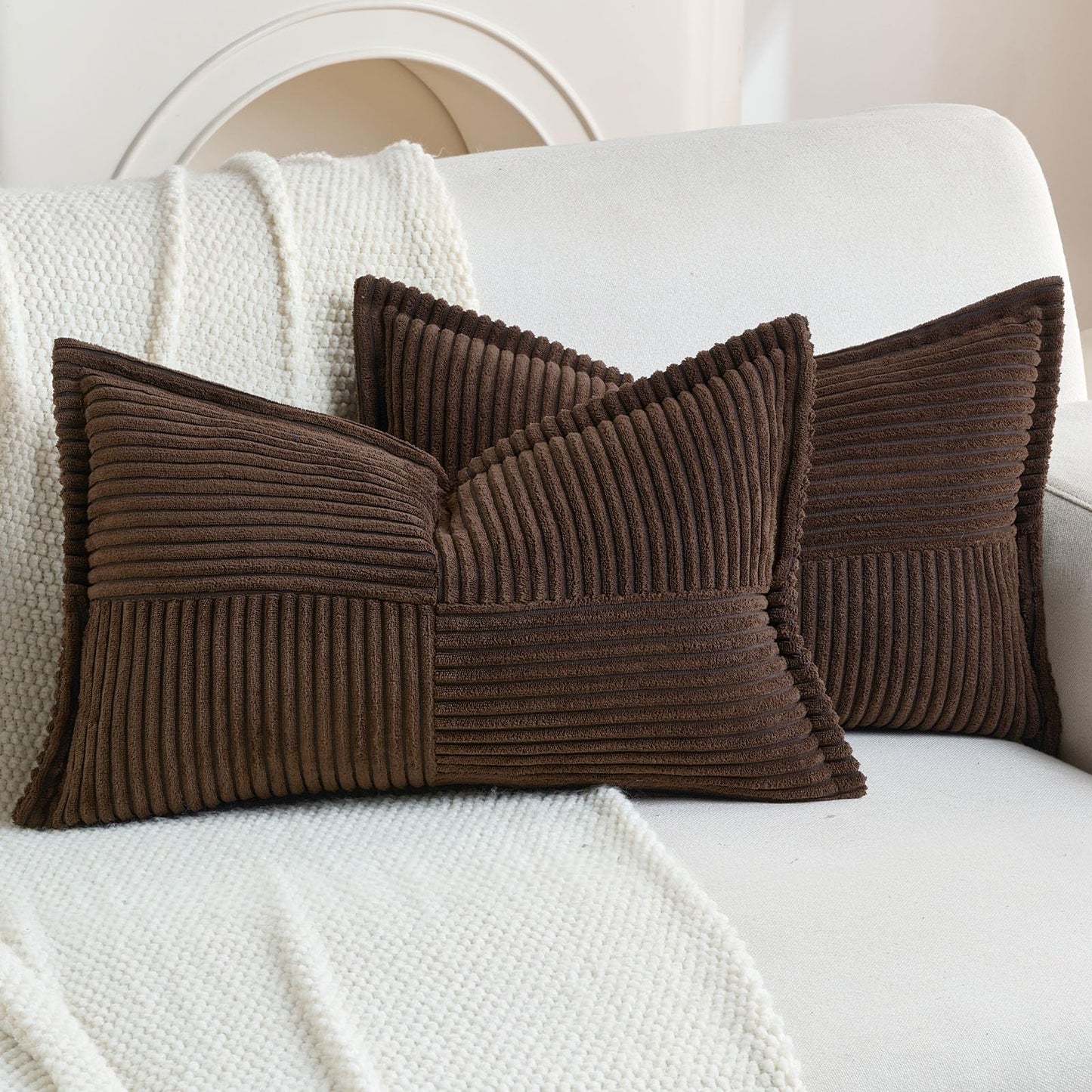 HAUSSY Pack of 2 Corduroy Throw Pillow Covers26x26 Inch, Rust | Decorative Striped Soft Boho Farmhouse Pillowcases, Machine Washable, Couch Bed Sofa Living Room Home Decor, No Insert BST202