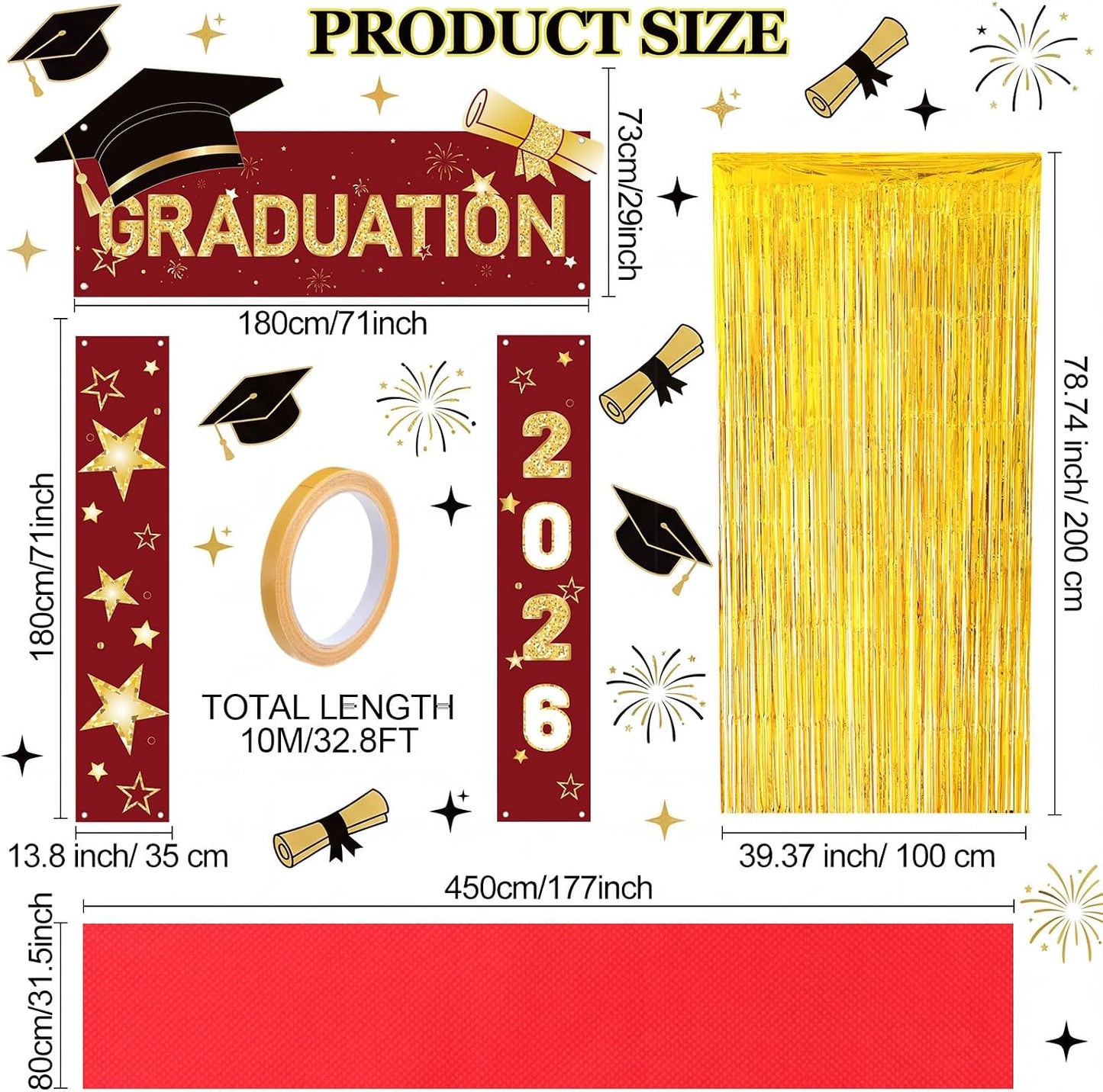HunnmingRe 7 Pcs 2026 Graduation Party Decoration Include Class of 2026 Graduation Door Porch Banner, Gold Fringe Curtain, Red Carpet, Grad Photo Backdrop for College School(Red) BST202