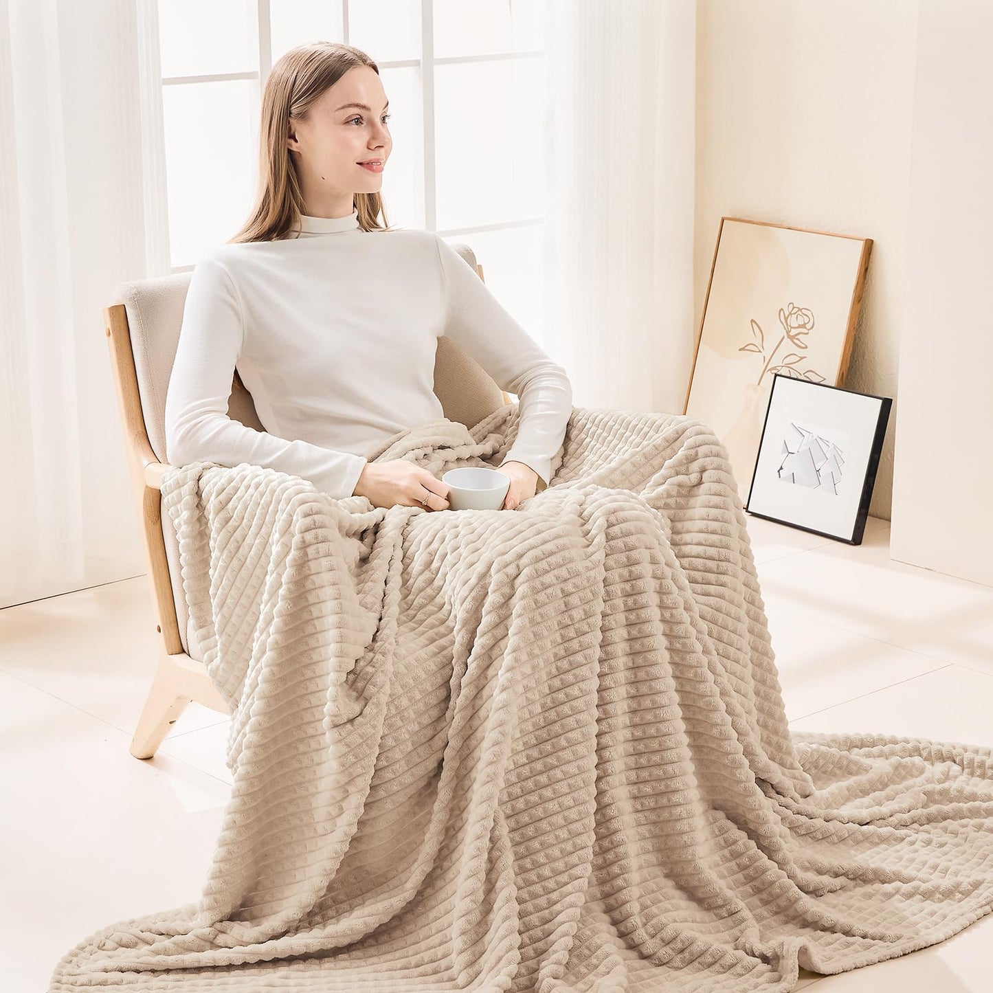 EMME Fleece Blanket, 3D Jacquard Throw Blanket for Couch and Bed, Soft Cozy and Fluffy Blankets Lightweight Luxury Flannel with Waffle Design (Navy Blue, 50" x 60") BST202