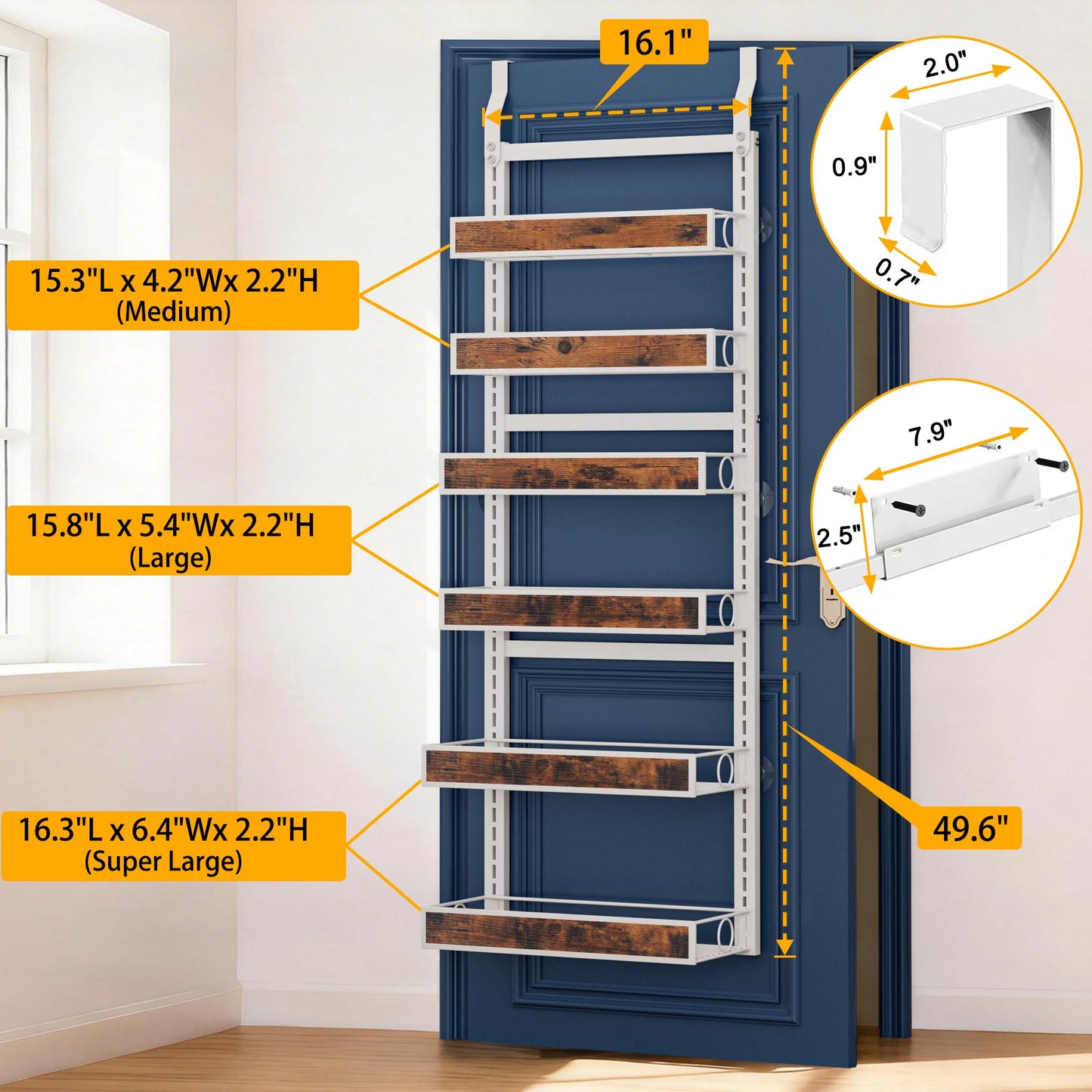8 Tier Over The Door Pantry Orangizer 2 IN 1 Wall Mounted or Hanging Spice Rack with Adjustable Wood Basket,Heavy Duty Seasoning Storage Shelf for Kitchen Pantry and Bathroom BST220