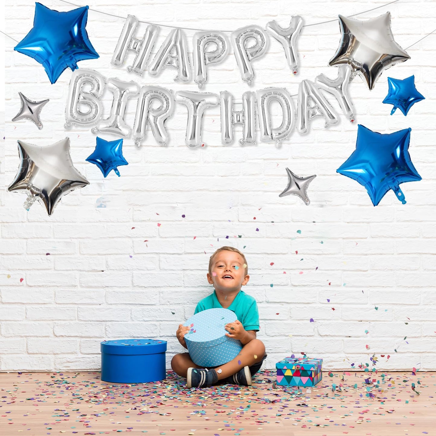 Happy Birthday Balloons Banner, Rainbow Happy Birthday Foil Balloons 16 Inch Foil Letter Balloon with 8 Pcs Gradient Blue Pink Star Balloon for Women Men Boys Girls Birthday Party Decoration WN420