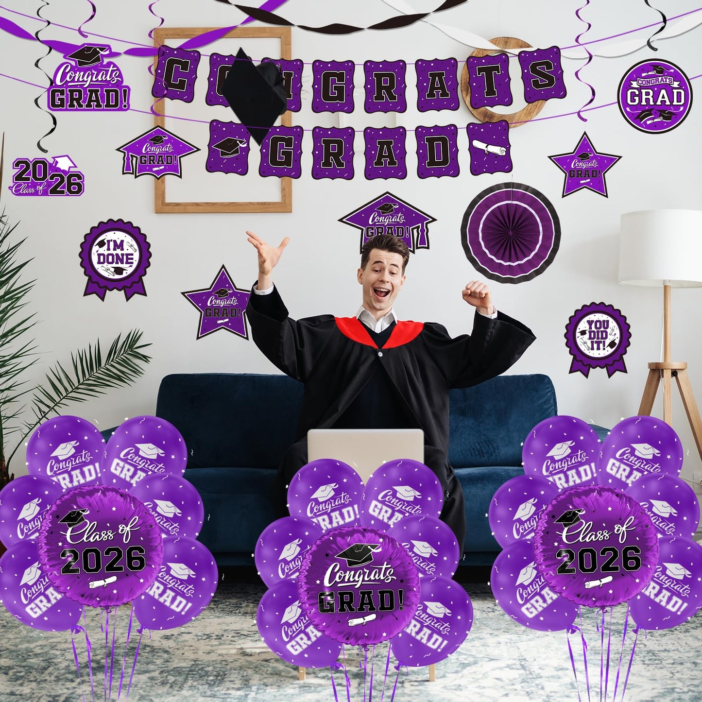 Black and Gold Themed 2026 Graduation Decorations Set - Congrats Grad Banner, Class of 2026 Backdrop, Balloons & Streamers Kit - Graduation Party Supplies for High School & College Celebrations BST326H