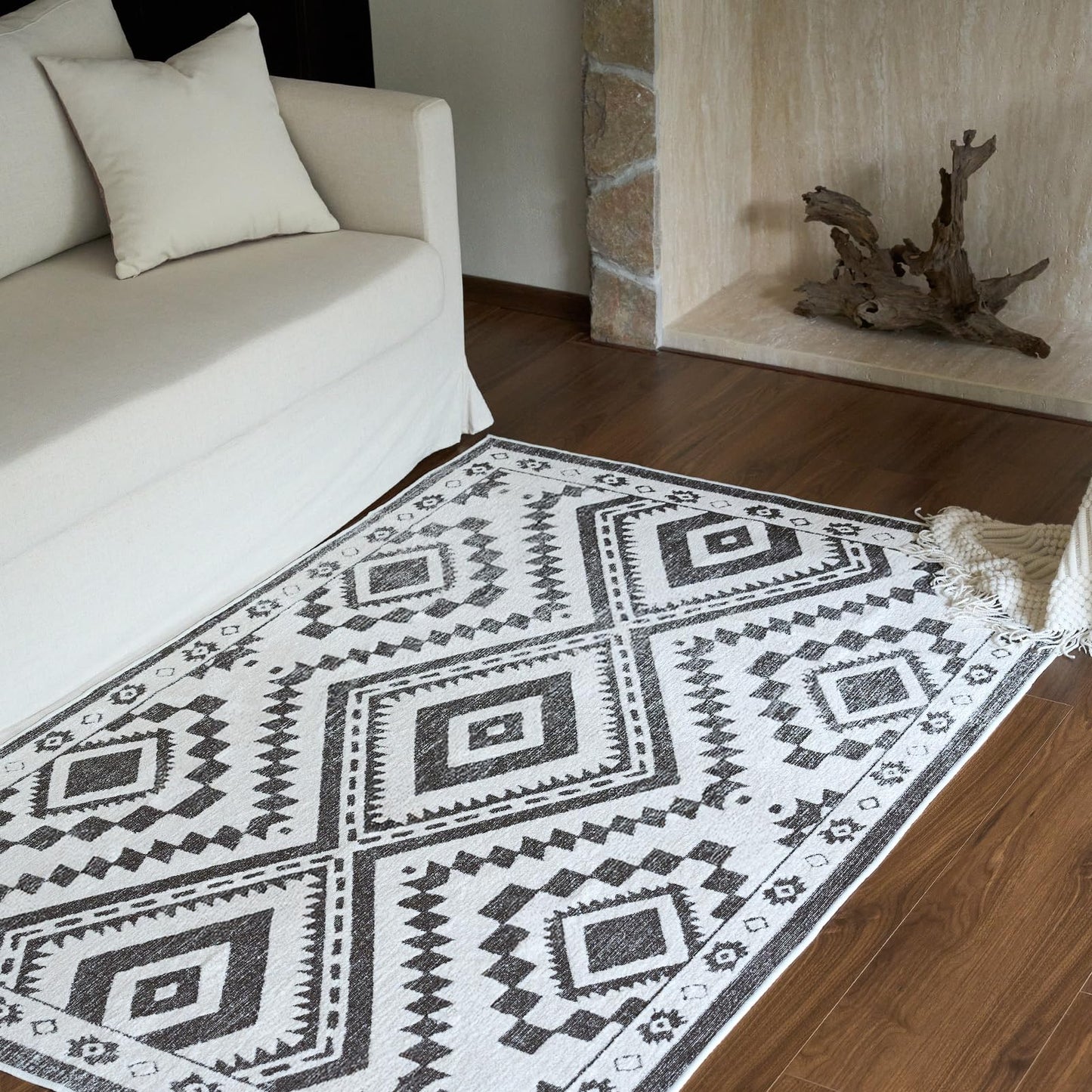 Moroccan Washable Area Rug 3x5, Geometric Tribal Decorative Woven Rug, Non-Slip Boho Farmhouse Soft Low-Pile Area Rug for Living Room Bedroom Nursery Dining Table, Dark Brown/White BST326H
