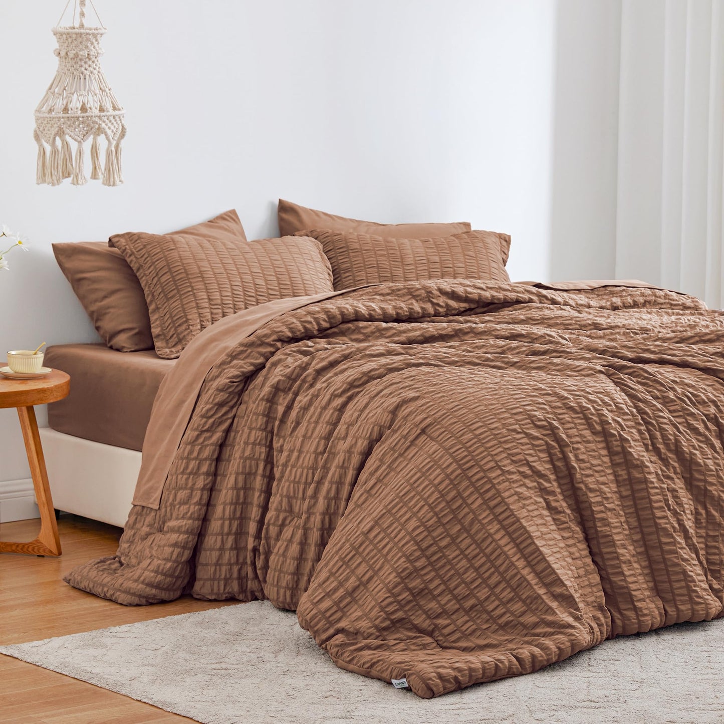 Love's cabin Seersucker Terracotta Twin Comforter Set, 5-Piece All Season Lightweight Bed in a Bag Bedding Set with Comforter, Flat Sheet, Fitted Sheet, Pillowcase and Sham BST326H