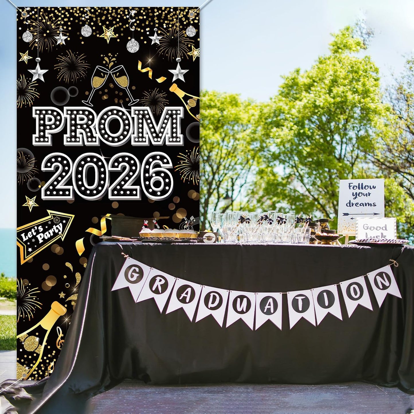 HOWAF Prom 2026 Door Cover for Graduation Prom Night Party Decoration, Grad Dancing Parties Door Banner 2026 Welcome Sign for Class of 2026 Congrats Grad Supplies, Black Gold Silver BST326L