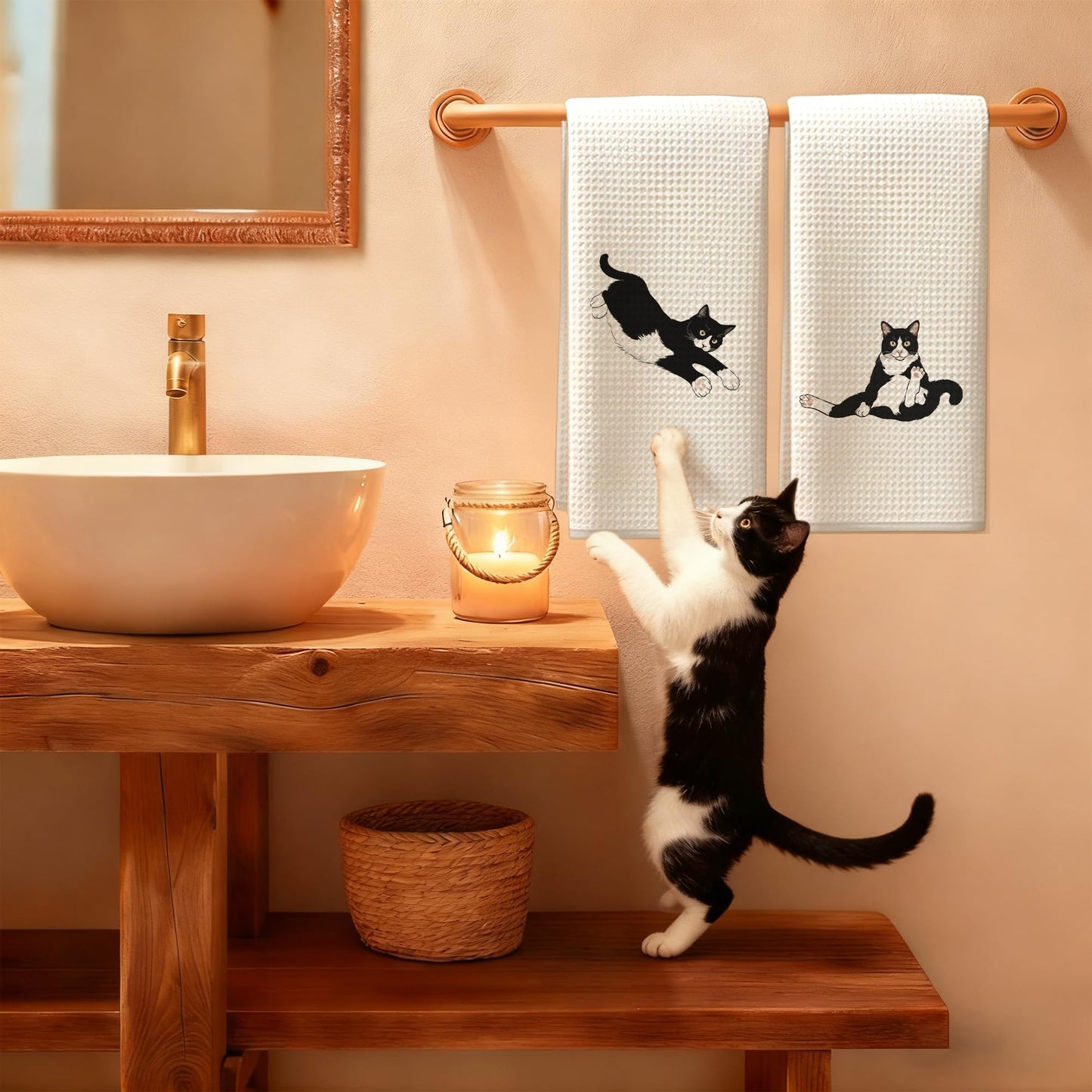 Blue and White Chinoiserie Orange Cat Bathroom Hand Towels, Orange Cat Gifts, Funny Oriental Kitty Decorative Hand Towels Bathroom Restroom Washroom Yoga Spa Zen Decor, 16x24 Inch BST326L