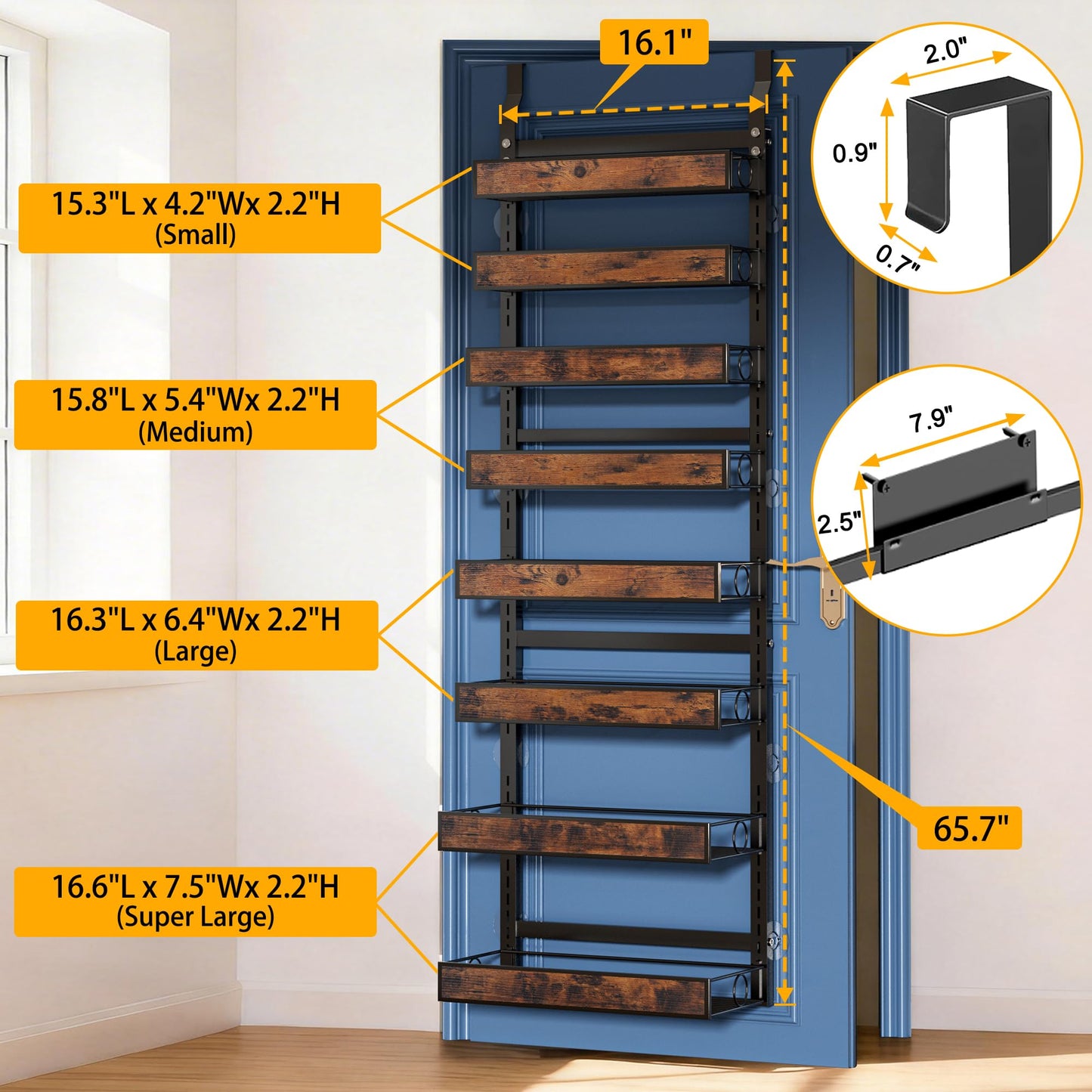 8 Tier Over The Door Pantry Orangizer 2 IN 1 Wall Mounted or Hanging Spice Rack with Adjustable Wood Basket,Heavy Duty Seasoning Storage Shelf for Kitchen Pantry and Bathroom BST220