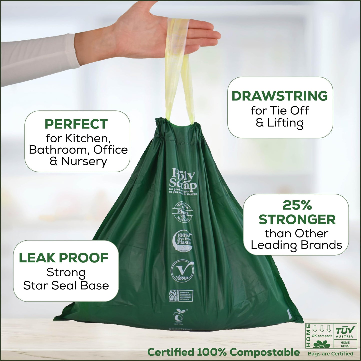 Small Compostable Trash Bags - 2.6 Gallon, 100 Pack, 100% Plastic-Free Decomposing Kitchen Food Waste Trash Can Bags & Liners, Thick Countertop Garbage, Bathroom & Bio Bin Bags