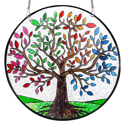 Tree of Life Stained Glass Window Hanging 5.90" Sun Catchers, Stain Glass Suncatchers for Indoor Windows Hanging, Hummingbird Gifts Window Garden Crystals Outdoor Decor Panels BST220