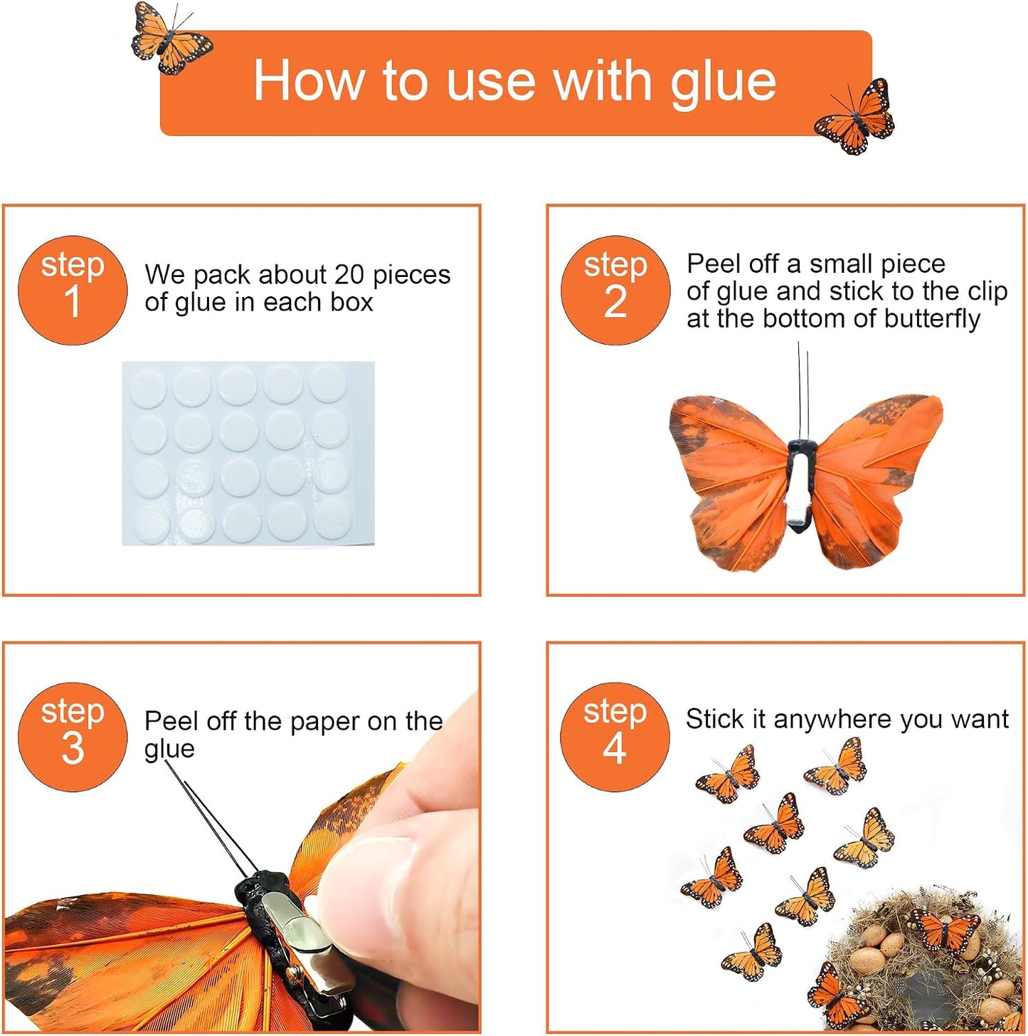 12pcs Monarch Butterflies Monarch Butterfly Decorations Kit with Clip for Dia de Los Muertos Decorations Halloween Decorative Butterflies Handmade Feather Butterfly Plastic - 4 inch KP05C BST220