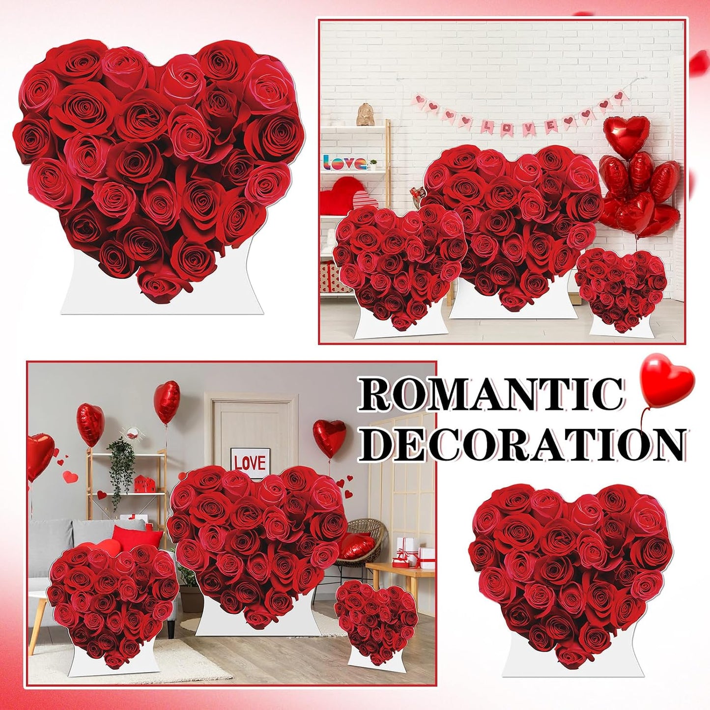 Colarr 3 Pcs Valentine's Day Red Heart Cardboard Cutout Stand Ups Set of 3 Sizes (17'' 25'' 33'') Valentines Party Roses Decoration Backdrop Photo Prop for Anniversary Wedding Engagement BST326L