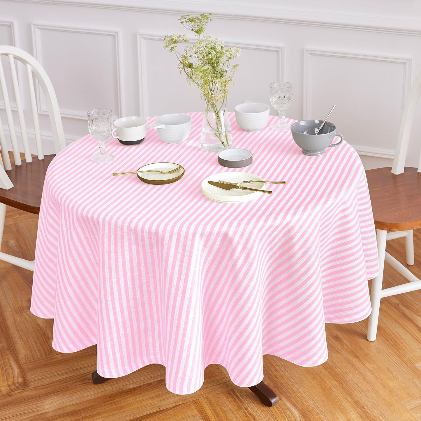 Solino Home 100% Linen Table Cloth, Throw, 52 x 52 in, Coral, Amalfi Stripe | Striped Linen Tablecloth a neat topper for bistro, card and side tables | Coral and White | Pure Linen | OEKO-TEX Certified BST326SOLH
