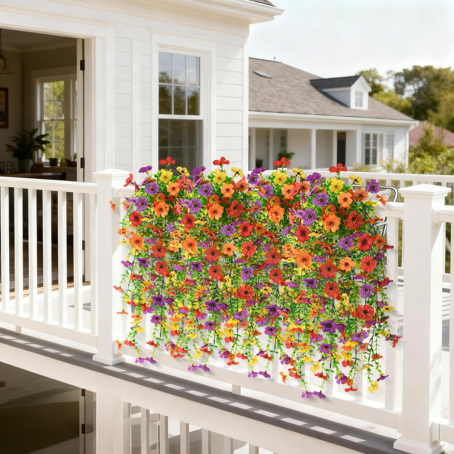 Artificial Hanging Flowers for Outdoor, 2PCS Fake Flowers Faux Silk Daisy with Eucalyptus Leaves, UV Resistant Aritificial Flowers for Spring Home Patio Yard Porch Decor (Light Purple Red) BST202