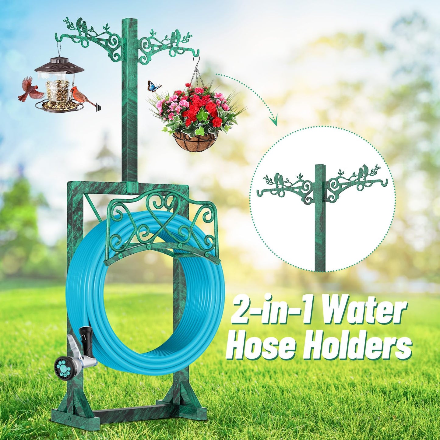 Garden Hose Holder, Freedstanding Heavy Duty Garden Water Hose Holder Stand with 2 Shepherds Hooks, Detachable Metal Hose Storage Hanger Rack for Outside Yard Lawn Farm DD1210