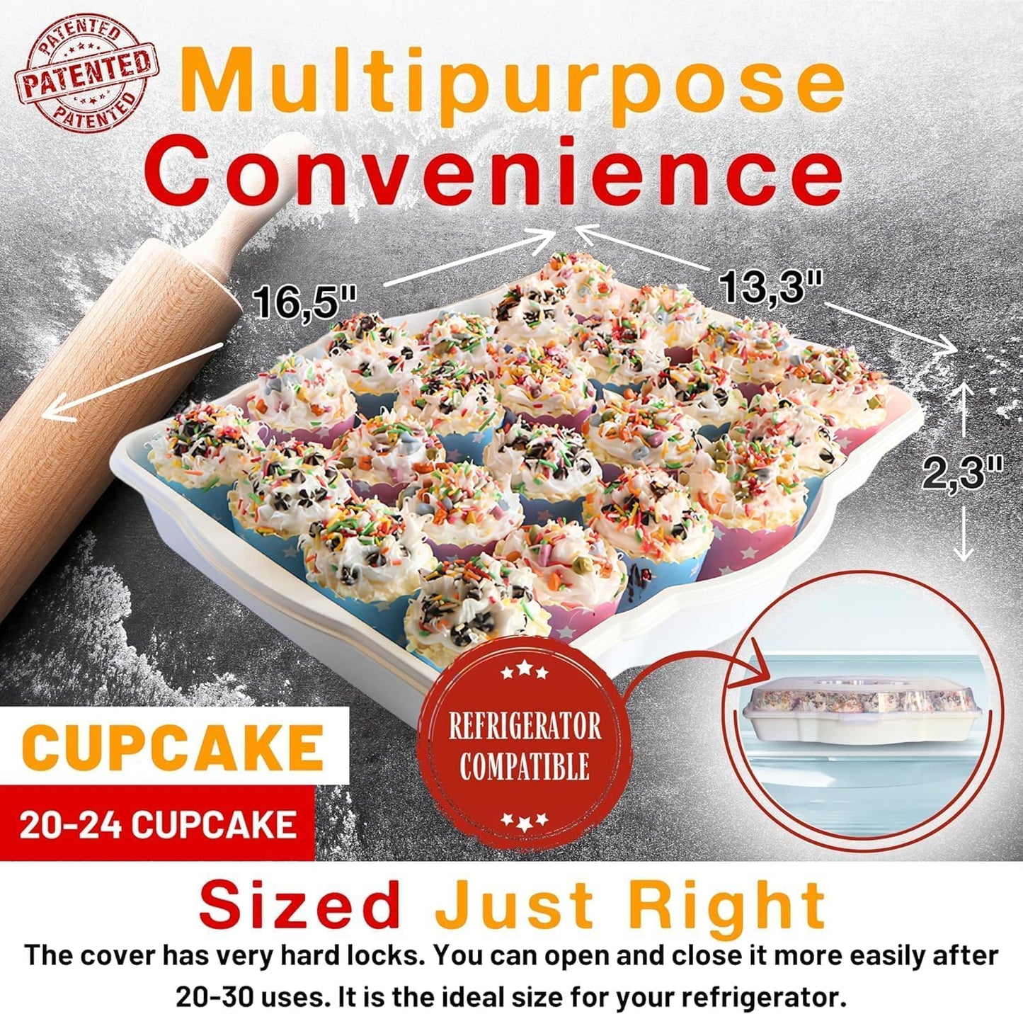 Cupcake Cake Muffin Tray Carrier, 4 in 1 Casserole Containers Holder with Lid, Pie Cupcake Carrier 24 Count, Travel Storage, Versatility Round Square Rectangular Oven Tray Carrying (Dark Grey)