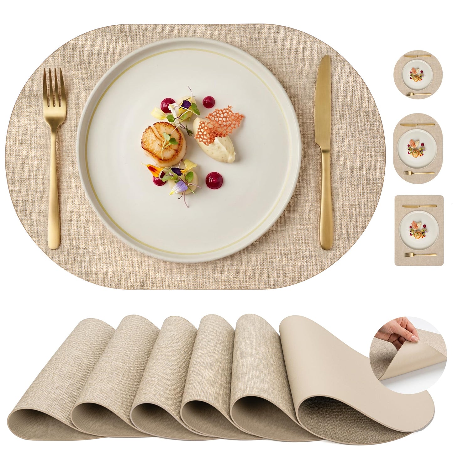 Faux Leather Placemats Set of 6, Wipeable Waterproof Stain Resistant Table Mats, Heat Resistant Thick Placemats with Hand-Painted Edges for Kitchen Dining, Imitative Linen Texture, Various Shapes BST326H