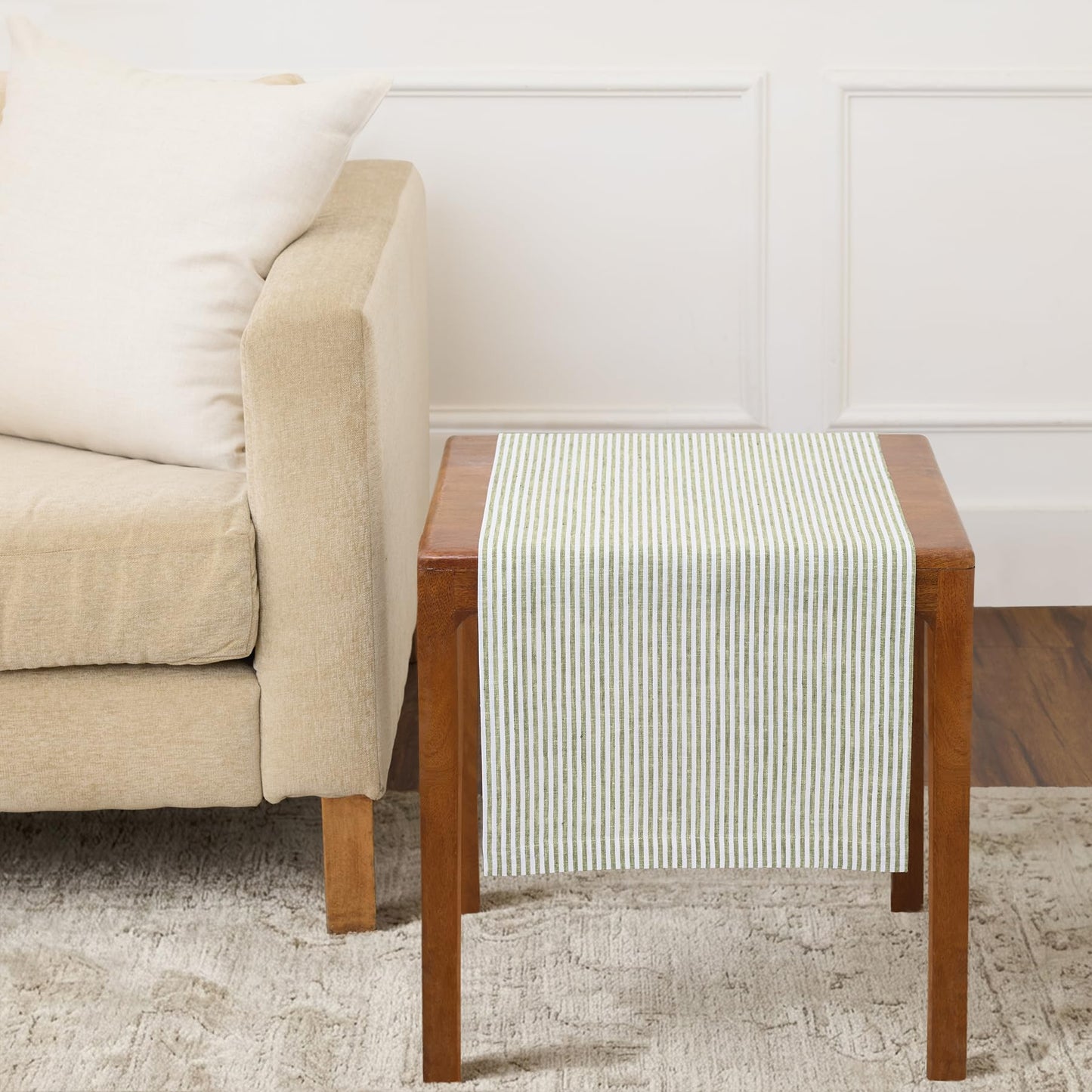 Solino Home 100% Pure Linen Table Runner Stripe Striped, Julia 14 x 72 in | Table Runners for dining, hallway and console tables; woven stripe, mitered corners; Muted Pastel Stripe; OEKO-TEX Certified BST326SOLH