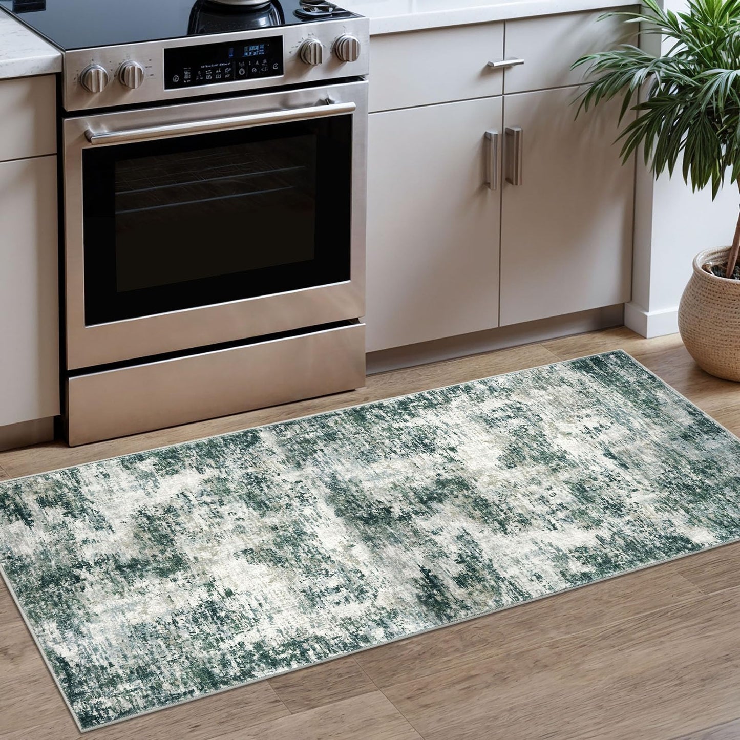 Lansny Modern Abstract Runner - 2x5, Beige Grey Washable Kitchen Entryway Rug Mat Non-Slip Soft Neutral Hallway Rug Thin Print Faux Wool Carpet for Bedroom Laundry Room Indoor BST220