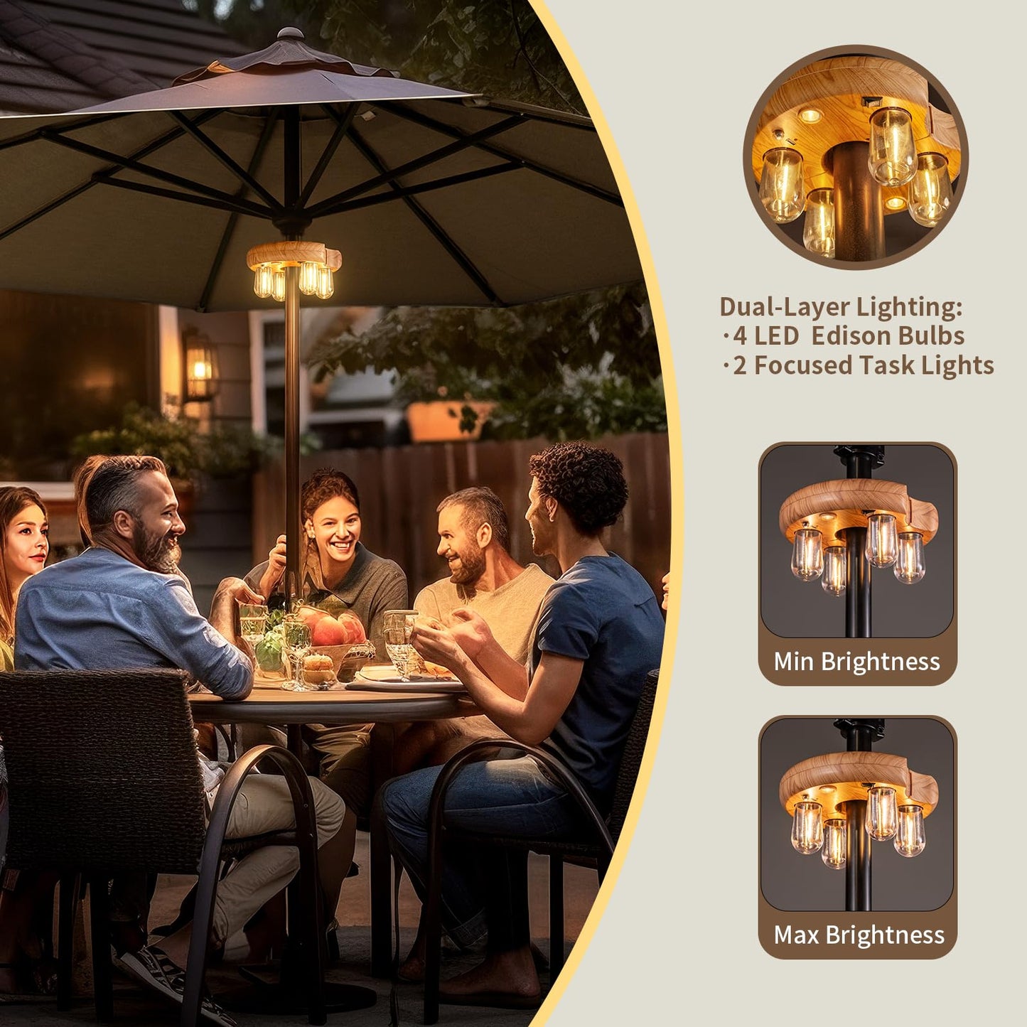Wood Grain Patio Umbrella Light with Remote Control, Rechargeable Cordless LED Edison Bulbs Pole Light with 10 Brightness Levels for Garden, Patio, Backyard, Camping or BBQ (1 Pack)