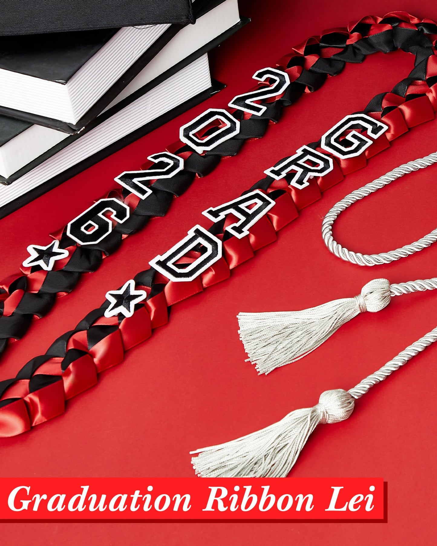 Cindeer 2026 Graduation Ribbon Lei Set Handmade Braided Necklace Honor Cord with Tassel 2026 Grad Embroidery Patches for High School College Graduation Party Supplies(Black, Red) BST220