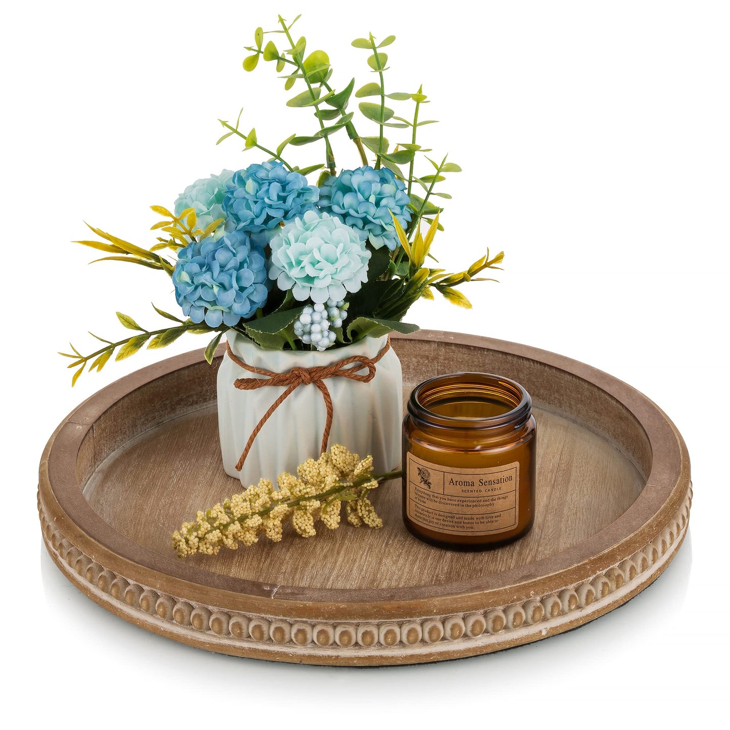 Hanobe Decorative Tray for Coffee Table: 10.5-Inch Round Whitewashed Wood Tray for Rustic Farmhouse Living Room Kitchen Island Entryway Home Decor BST326H