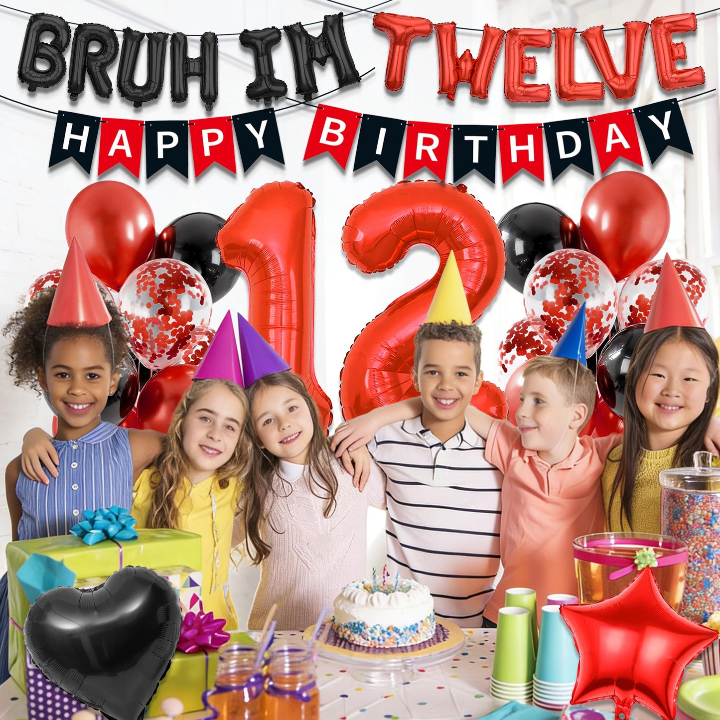 9th Birthday Decorations Boys Kit - 27 Pcs Red and Black Bruh Im Nine Balloon Banners Happy Birthday Fishtail Flags Number 9 Balloon Star Heart Balloons Set for 9 Year Old Party Decoration Supplies BST202