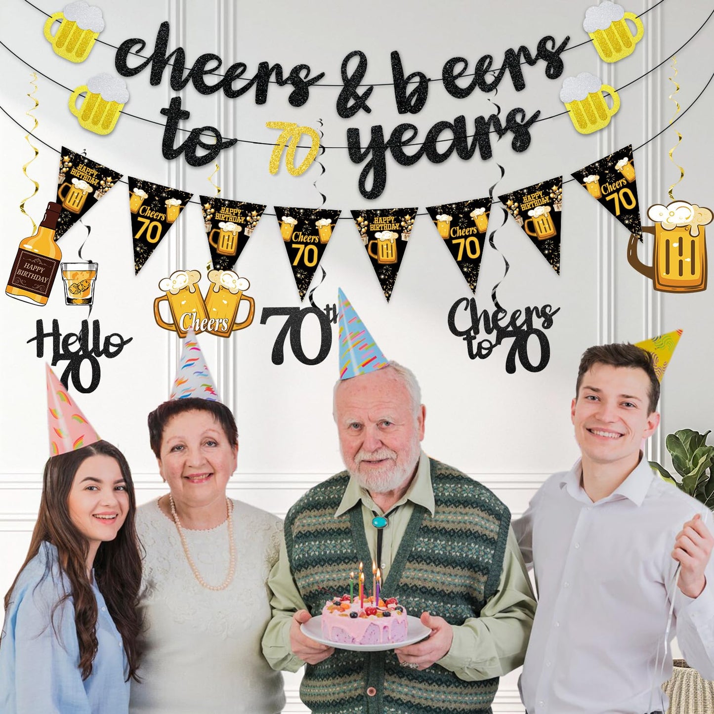 Black Gold 90th Birthday Decorations for Men Women, Glitter Pre-Strung Cheers to 90 Years Banner Hello 90 Hanging Swirls Paper Triangle Flag Banner Decorations Bday Party Supplies Kit WN420