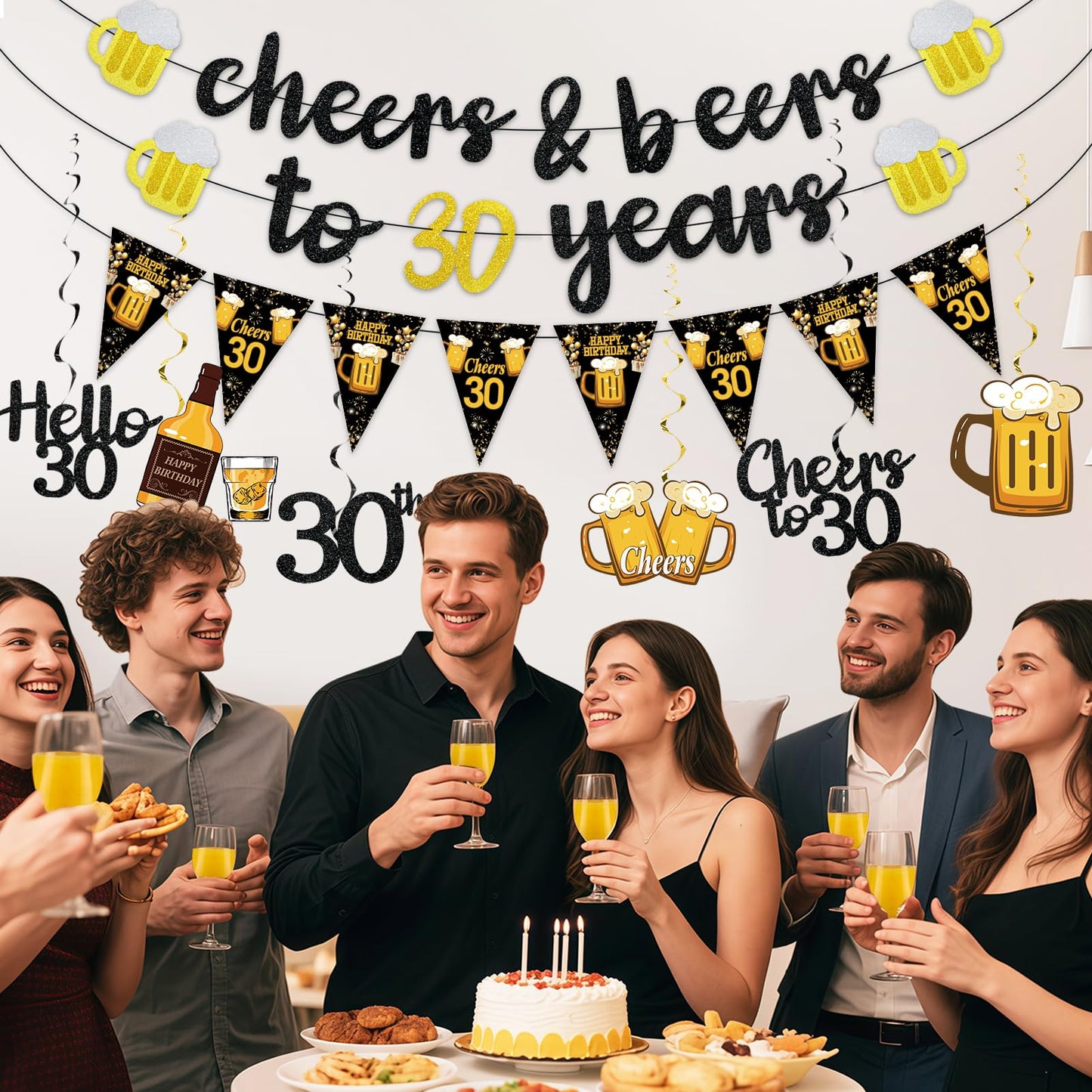 Black Gold 90th Birthday Decorations for Men Women, Glitter Pre-Strung Cheers to 90 Years Banner Hello 90 Hanging Swirls Paper Triangle Flag Banner Decorations Bday Party Supplies Kit WN420