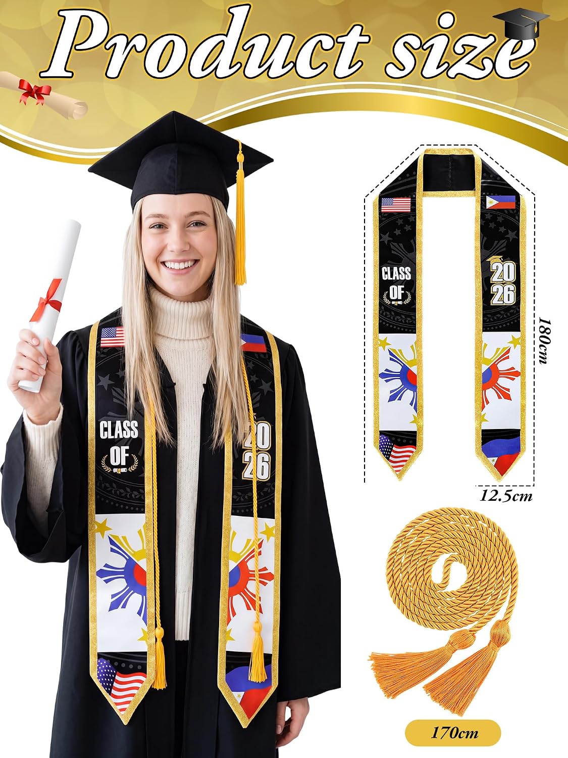 Shihanee 2 Pcs National Flag Graduation Stole with Cap Tassel Class of 2026 Mixed Country 72" Philippines and USA Flag Graduation Sash Honor WN420