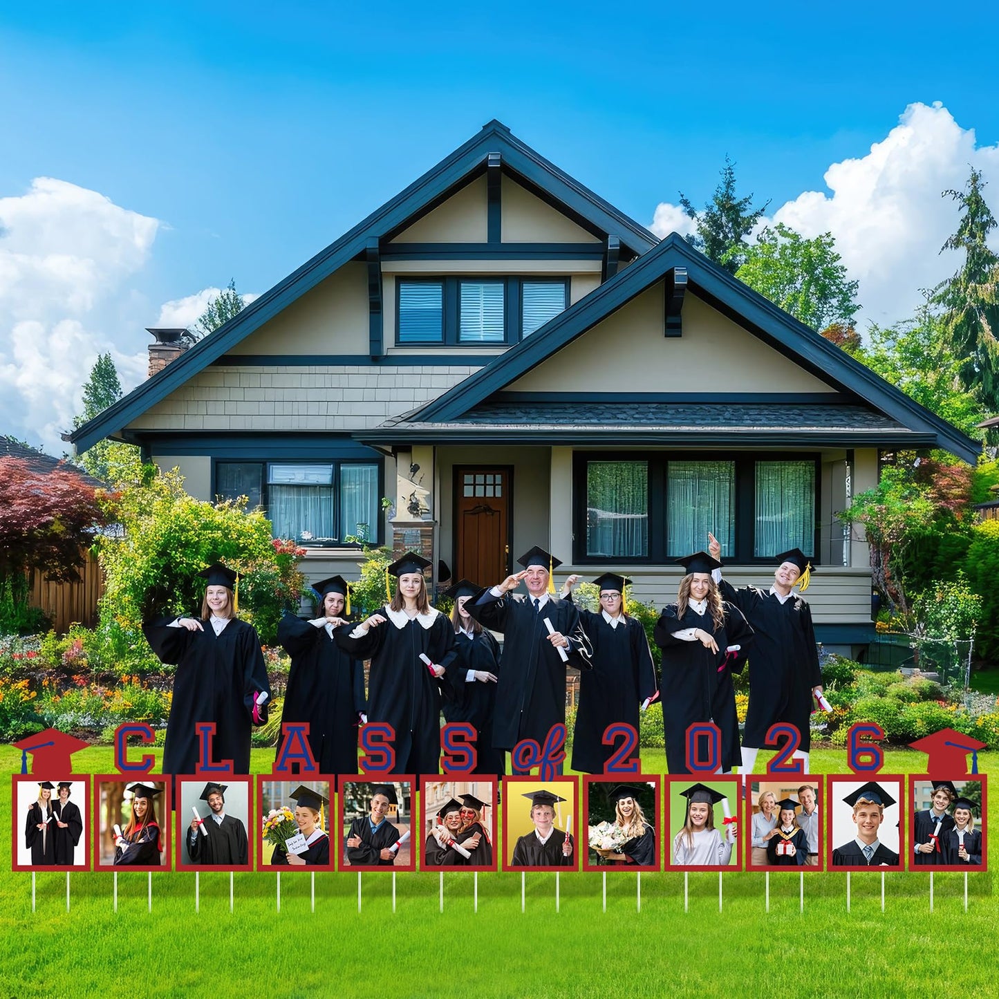 12 Pcs Graduation Photo Yard Sign Decorations 2026, K-12 Grade Graduation School Picture Frame Lawn Sign with Stakes for Kindergarten Middle High School Class of 2026 Grad Party Decorations, Red WN420
