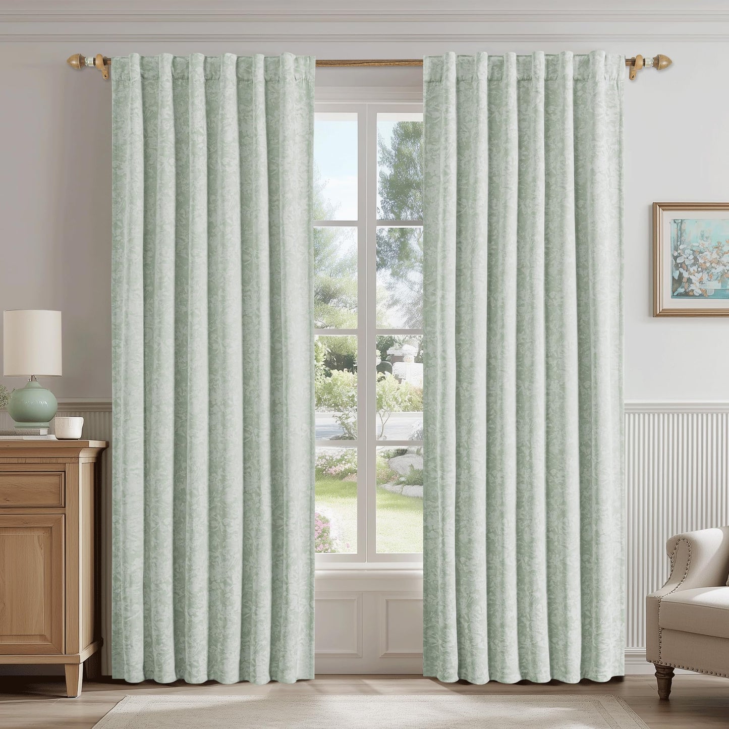 Beauoop Green Floral Jacquard Blackout Curtains 90 Inches Long 2 Panels for Bedroom Living Room Sage Flower Chenille Room Darkening Thermal Insulated Soundproof Grommet Window Treatments Drapes, 52x90 BST220