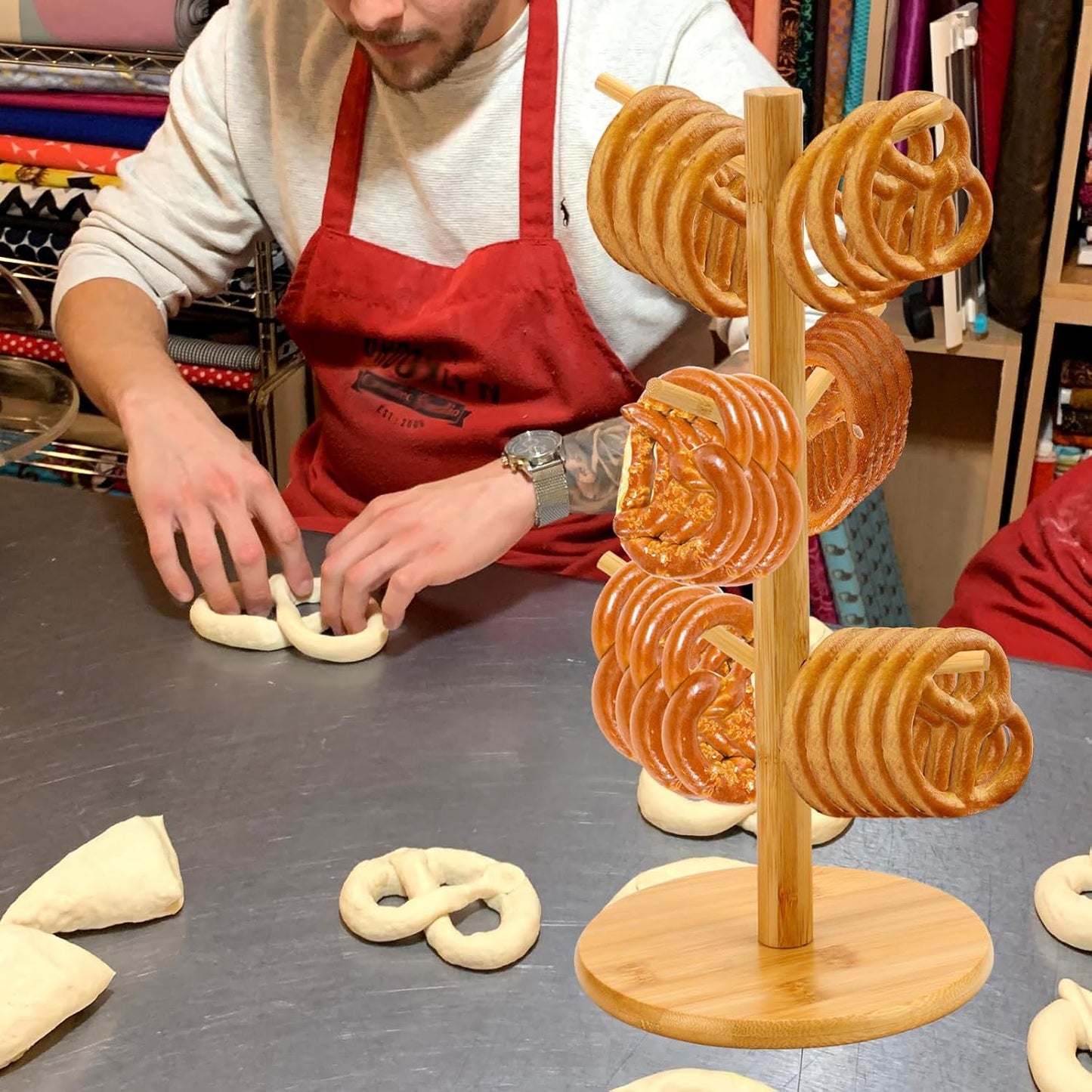 Pretzel Holder Stand, Bamboo Pretzel Rod Holder, Bamboo Tree-Shaped Pretzel Stand For Pretzel Display and Hanging Sausage Stand, Pretzel Holder for Christmas Wedding Birthday Treat Party (1PC) BST326L