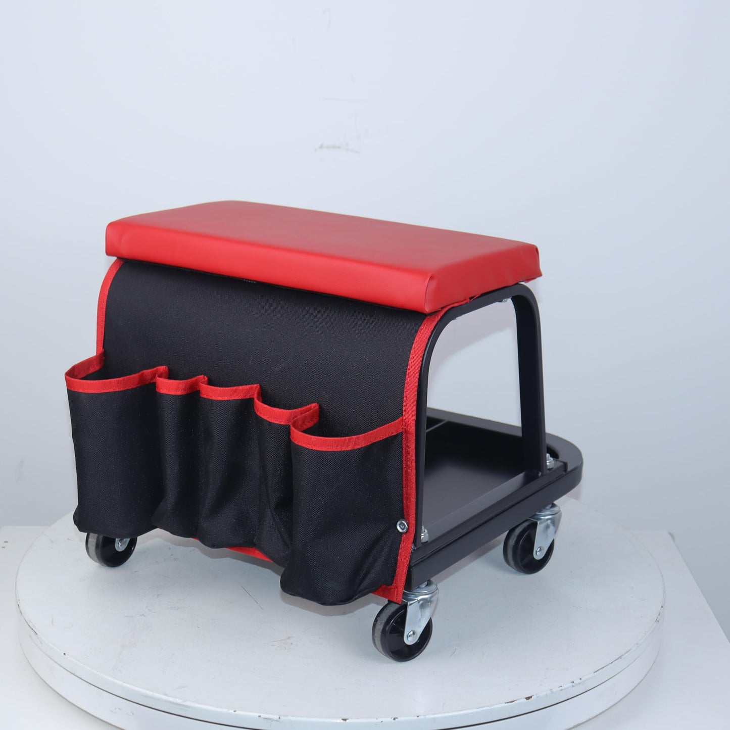 Rolling Mechanic Garage Stool on Wheels with Padded Cushion, Tool Tray Storage and Side Pockets, 300 LBS Capacity, Red BST220