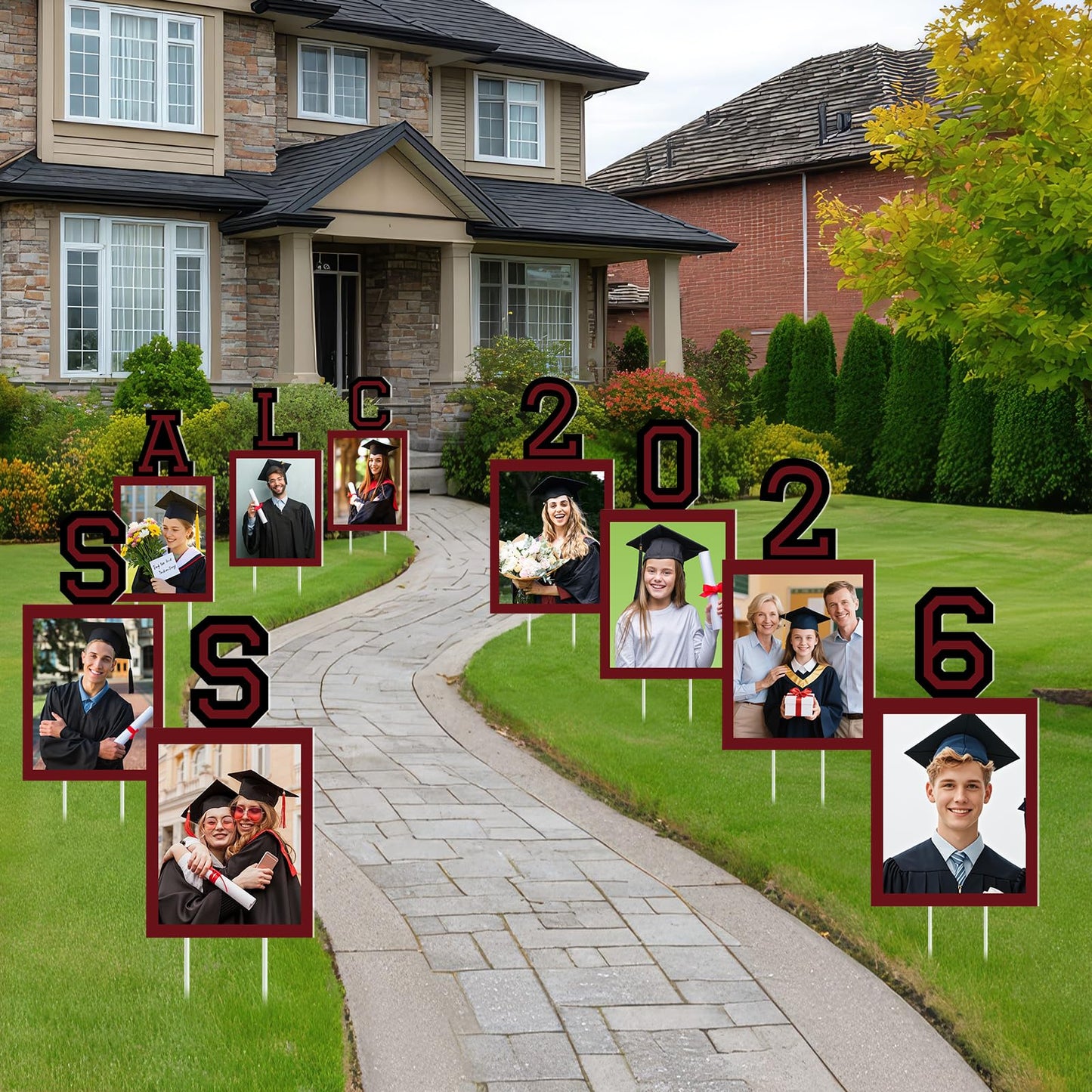 12 Pcs Graduation Photo Yard Sign Decorations 2026, K-12 Grade Graduation School Picture Frame Lawn Sign with Stakes for Kindergarten Middle High School Class of 2026 Grad Party Decorations, Red WN420
