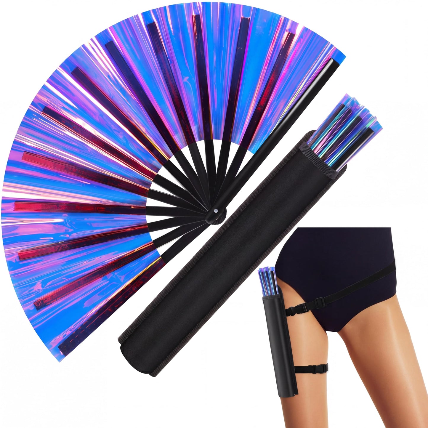 FairySandy Large Rave Fan UV Glow Clack Summer Hand Fan with Thigh Holster for Women Carnival Party Supplies for Carnival Edm Music Festival Club Accessories(Cool Style,Black) WN420