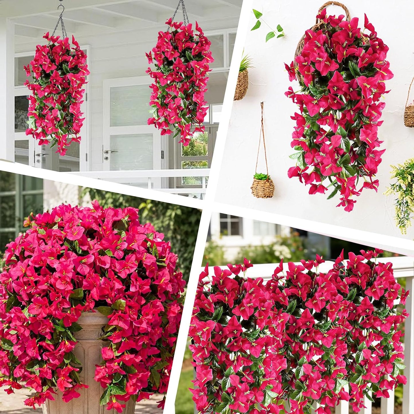 2 Pack Artificial Bougainvillea Flowers for Outdoors Decorations, Fake Hanging Plants, Faux Outside Flowers UV Resistant for Baskets Home Front Door Porch Patio Balcony Yard(Hot Pink) BST202