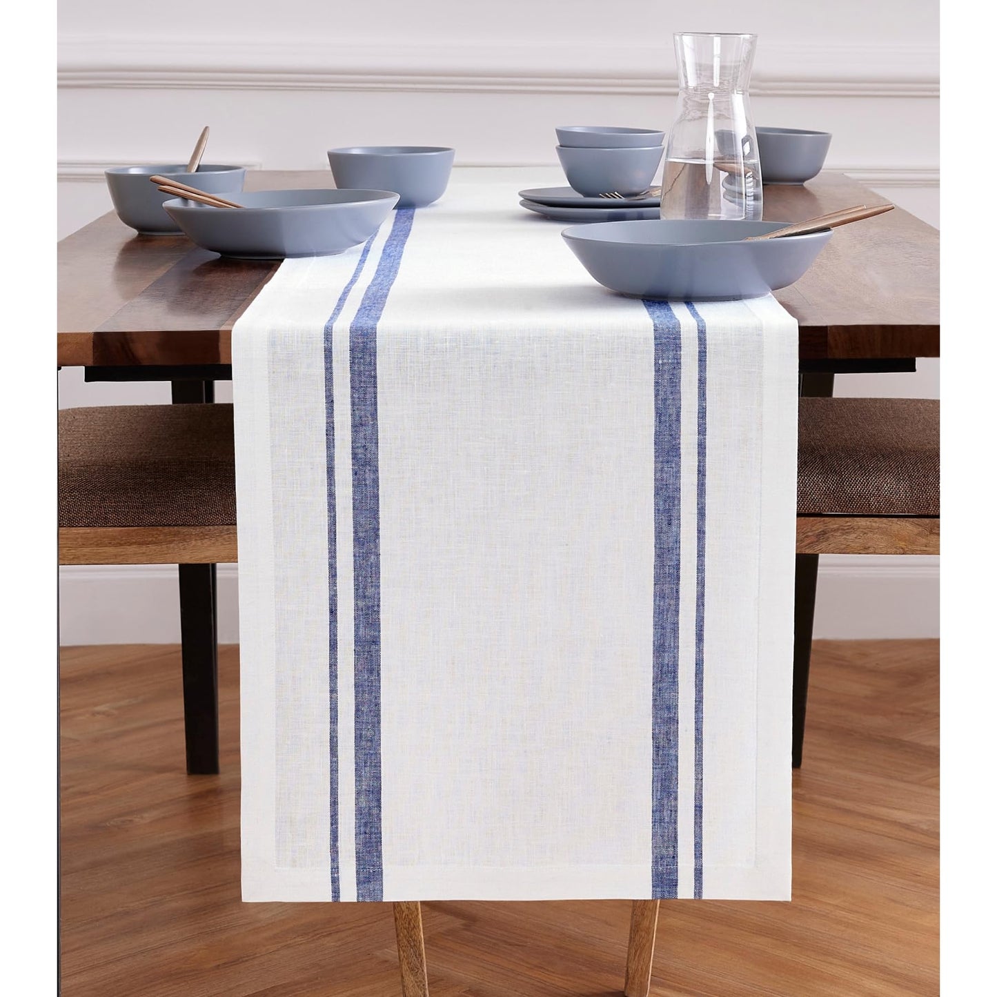 Solino Home 100% Pure Linen Table Runner, 14 x 60 in, Black, French Stripe | Table Runners for dining, hallway and console tables | woven stripe, mitered corners | Black and White | OEKO-TEX Certified BST326SOLH