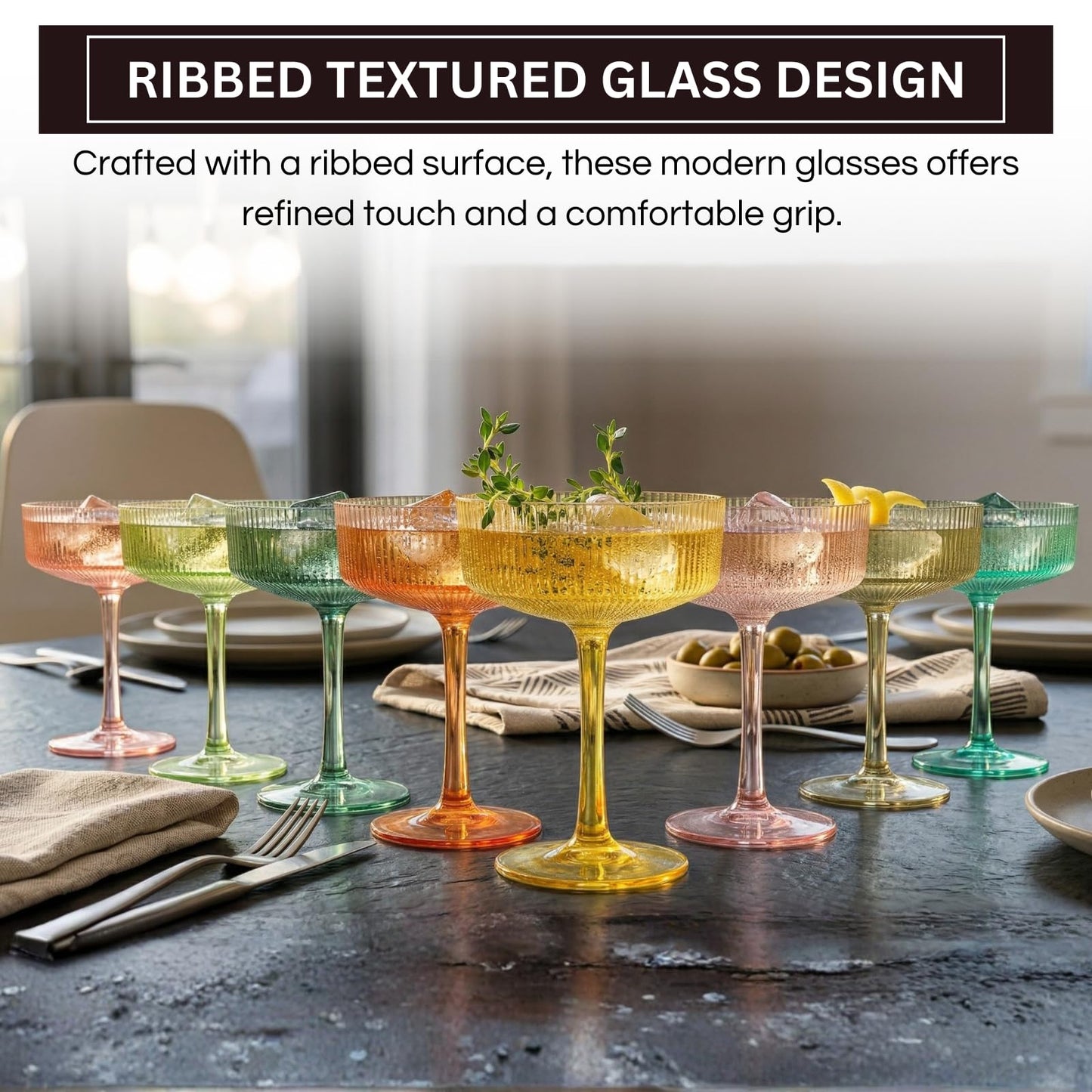 Khen Pink Peach Acrylic Ribbed Coupe Martini Champagne Cocktail Glasses, Set of 4, 8 oz Shatterproof Ripple Stemware European Style Reusable Drinkware Goblets, Indoor Outdoor Parties Weddings Bar Gift BST220