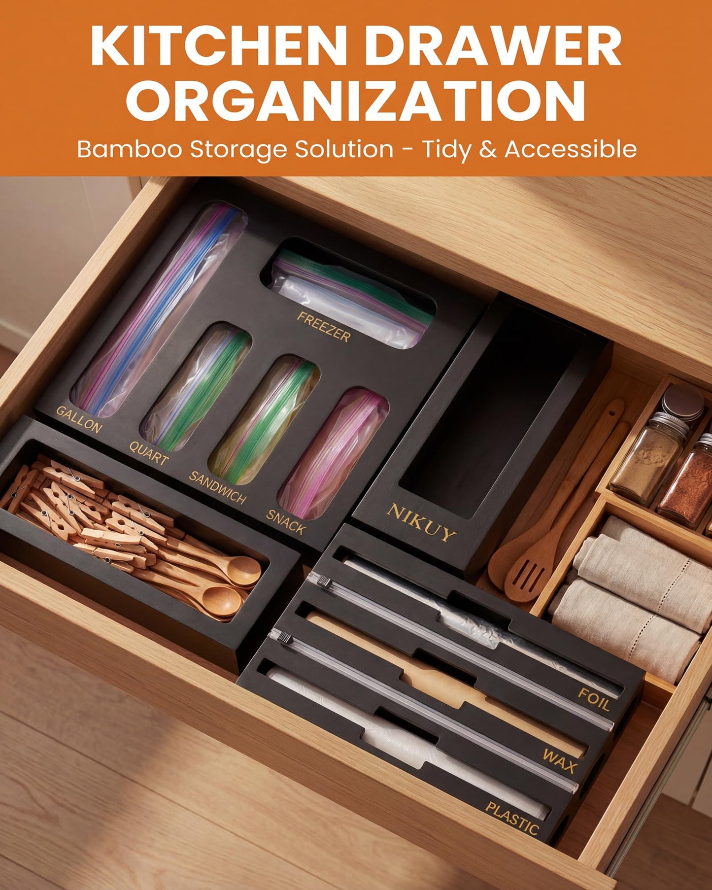 Bamboo Foil and Plastic Wrap Organizer for Kitchen Drawer, 9 in 1 Plastic Bag Organizer Organization and Storage, Food Storage Bag Organizer with Labels for Quart Gallon Snack (White) DD1210