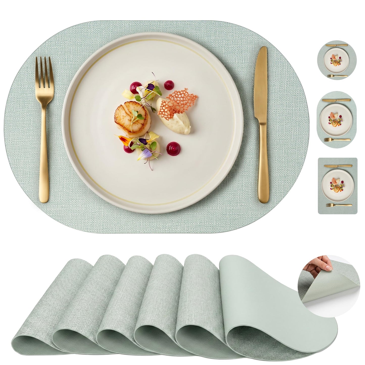 Faux Leather Placemats Set of 6, Wipeable Waterproof Stain Resistant Table Mats, Heat Resistant Thick Placemats with Hand-Painted Edges for Kitchen Dining, Imitative Linen Texture, Various Shapes BST326H