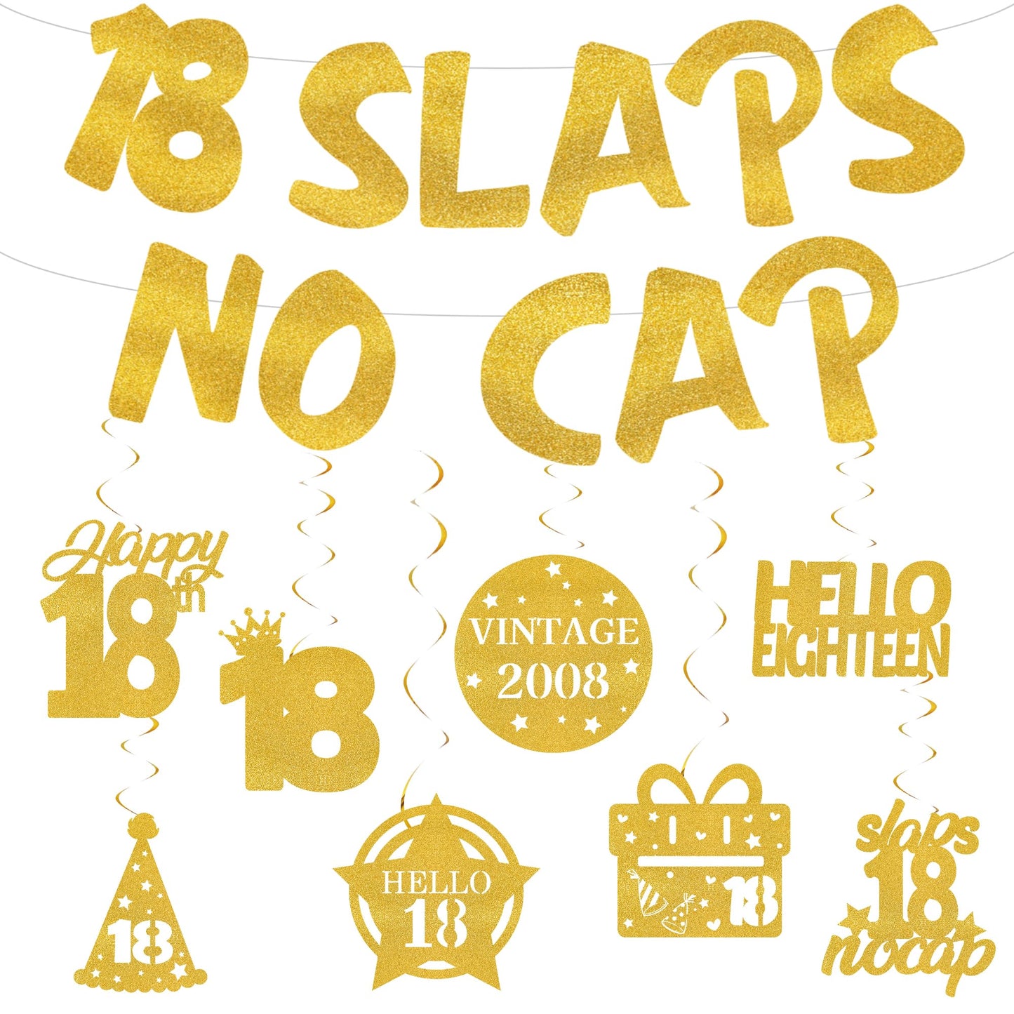 18th Birthday Decorations Banner for Boys - Pre-strung Gold Glitter 18 Slaps No Cap Banner Hanging Swirls, Funny Gen Z Slang 18 Year Old Party Supplies BST220