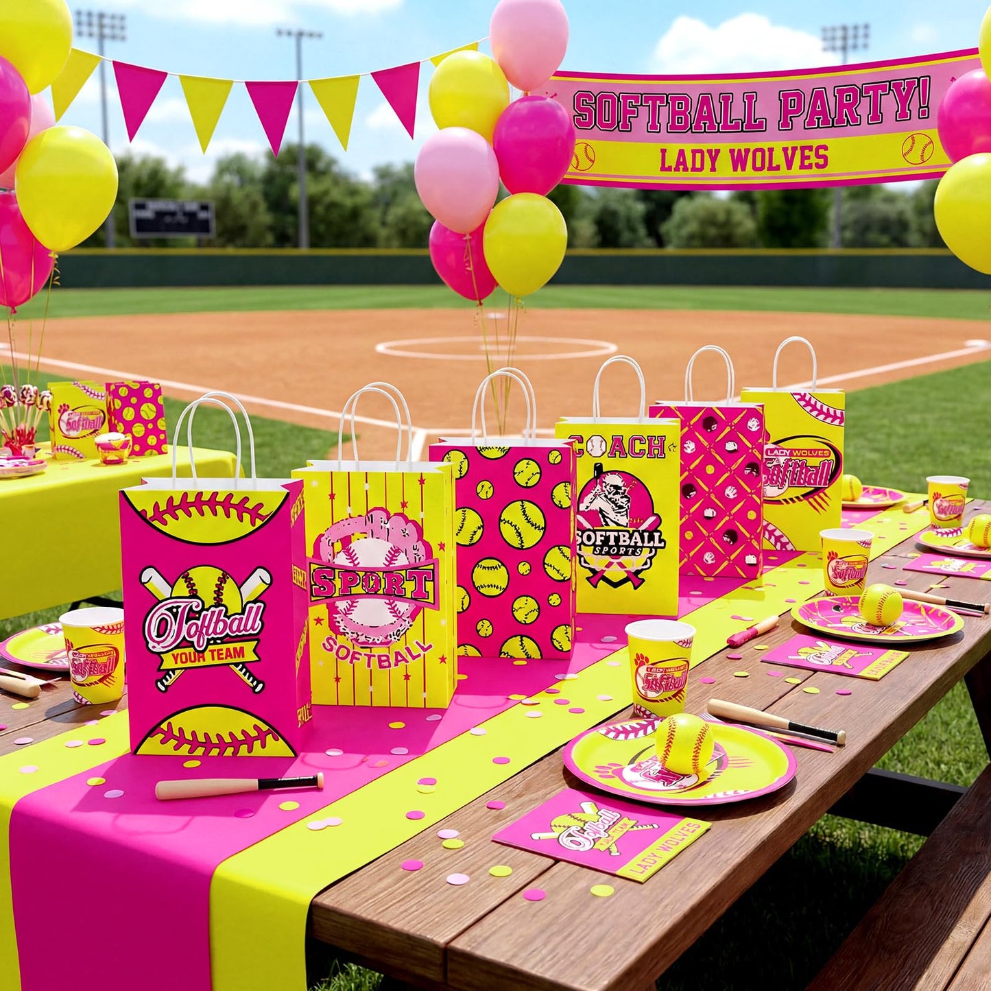 MotiMind 24 Pcs Softball Party Favor Bags Black Yellow Softball Themed Goodie Gift Wrapping Paper Bags with Handles Portable Sports Ball Candy Treat Pouch for Birthday Party Decorations Supplies BST326H
