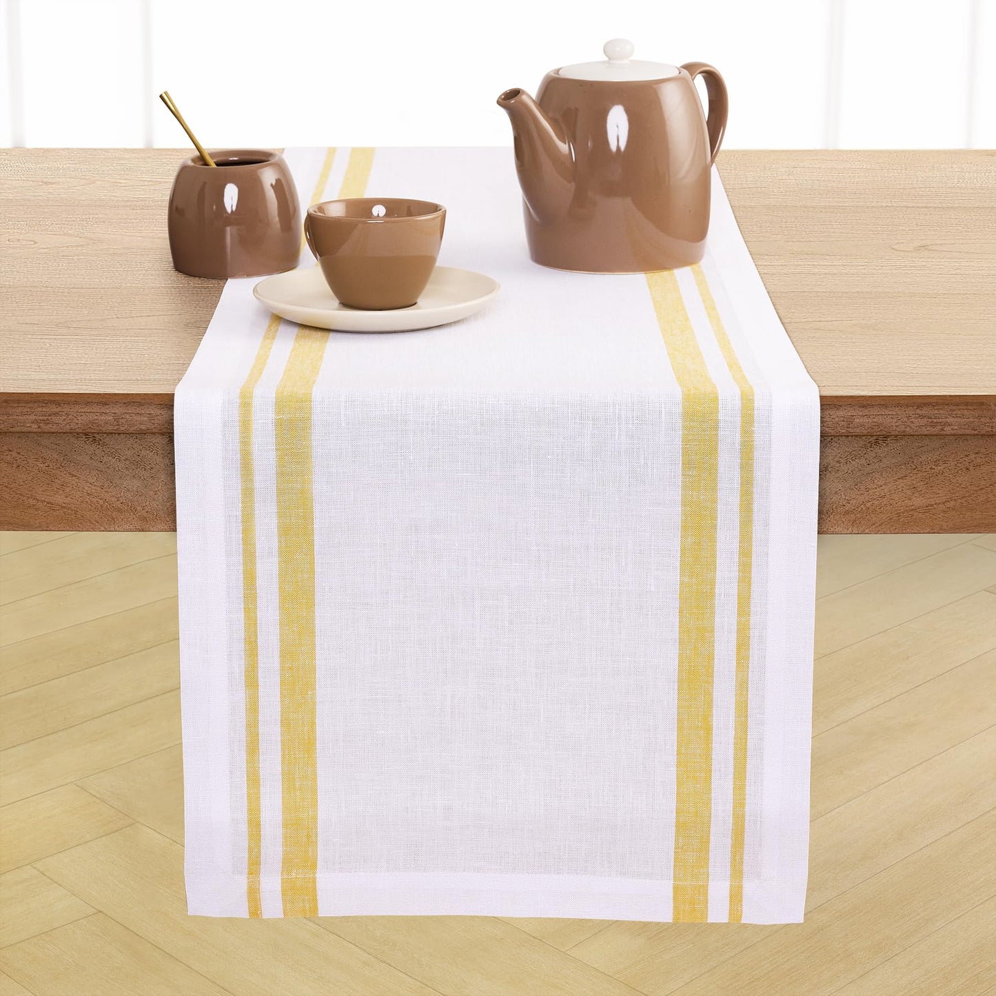 Solino Home 100% Pure Linen Table Runner, 14 x 60 in, Black, French Stripe | Table Runners for dining, hallway and console tables | woven stripe, mitered corners | Black and White | OEKO-TEX Certified BST326SOLH